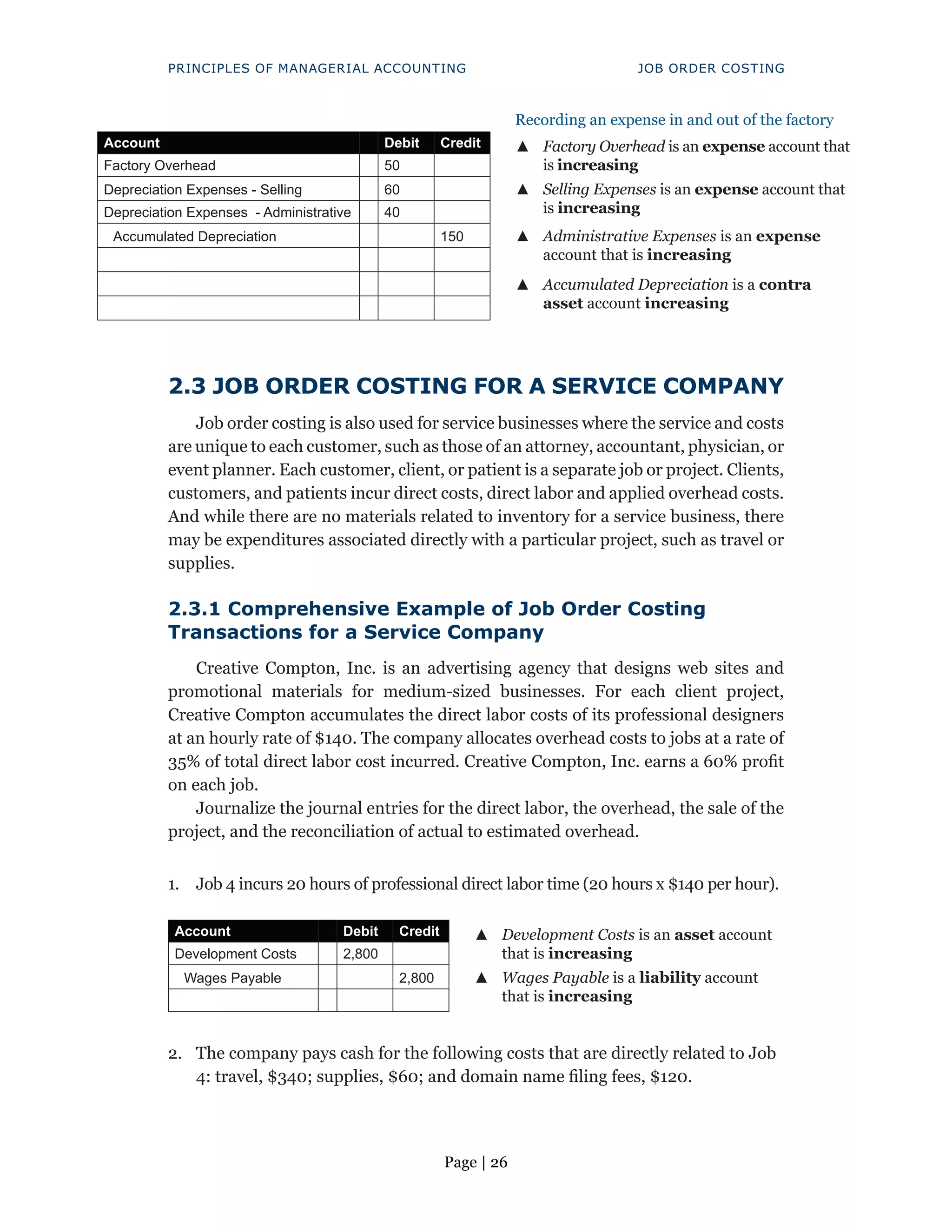 Page | 26
PRINCIPLES OF MANAGERIAL ACCOUNTING JOB ORDER COSTING
Recording an expense in and out of the factory
Account Debit Credit ▲
▲ Factory Overhead is an expense account that
is increasing
Factory Overhead 50
Depreciation Expenses - Selling 60 ▲
▲ Selling Expenses is an expense account that
is increasing
Depreciation Expenses - Administrative 40
Accumulated Depreciation 150 ▲
▲ Administrative Expenses is an expense
account that is increasing
▲
▲ Accumulated Depreciation is a contra
asset account increasing
2.3 JOB ORDER COSTING FOR A SERVICE COMPANY
Job order costing is also used for service businesses where the service and costs
are unique to each customer, such as those of an attorney, accountant, physician, or
event planner. Each customer, client, or patient is a separate job or project. Clients,
customers, and patients incur direct costs, direct labor and applied overhead costs.
And while there are no materials related to inventory for a service business, there
may be expenditures associated directly with a particular project, such as travel or
supplies.
2.3.1 Comprehensive Example of Job Order Costing
Transactions for a Service Company
Creative Compton, Inc. is an advertising agency that designs web sites and
promotional materials for medium-sized businesses. For each client project,
Creative Compton accumulates the direct labor costs of its professional designers
at an hourly rate of $140. The company allocates overhead costs to jobs at a rate of
35% of total direct labor cost incurred. Creative Compton, Inc. earns a 60% profit
on each job.
Journalize the journal entries for the direct labor, the overhead, the sale of the
project, and the reconciliation of actual to estimated overhead.
1. Job 4 incurs 20 hours of professional direct labor time (20 hours x $140 per hour).
Account Debit Credit ▲
▲ Development Costs is an asset account
that is increasing
Development Costs 2,800
Wages Payable 2,800 ▲
▲ Wages Payable is a liability account
that is increasing
2. The company pays cash for the following costs that are directly related to Job
4: travel, $340; supplies, $60; and domain name filing fees, $120.
 