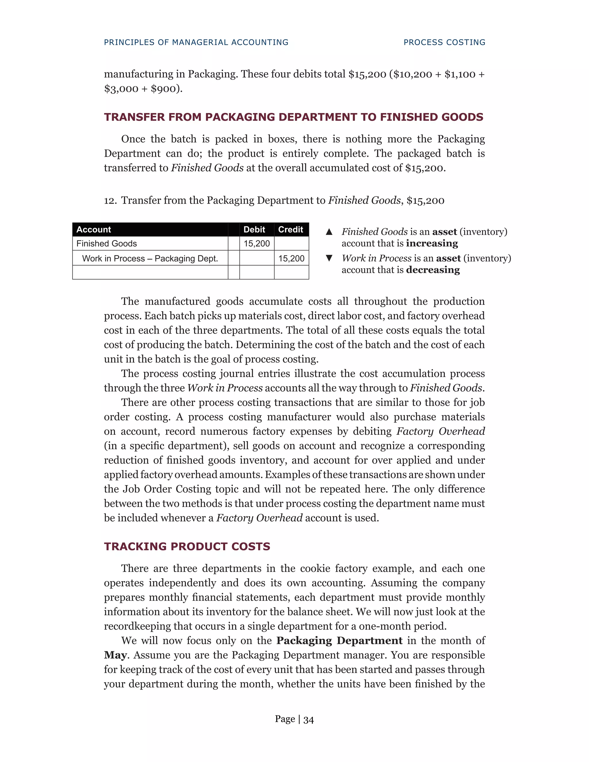 Page | 34
PRINCIPLES OF MANAGERIAL ACCOUNTING PROCESS COSTING
manufacturing in Packaging. These four debits total $15,200 ($10,200 + $1,100 +
$3,000 + $900).
TRANSFER FROM PACKAGING DEPARTMENT TO FINISHED GOODS
Once the batch is packed in boxes, there is nothing more the Packaging
Department can do; the product is entirely complete. The packaged batch is
transferred to Finished Goods at the overall accumulated cost of $15,200.
12. Transfer from the Packaging Department to Finished Goods, $15,200
Account Debit Credit ▲
▲ Finished Goods is an asset (inventory)
account that is increasing
Finished Goods 15,200
Work in Process – Packaging Dept. 15,200 ▼
▼ Work in Process is an asset (inventory)
account that is decreasing
The manufactured goods accumulate costs all throughout the production
process. Each batch picks up materials cost, direct labor cost, and factory overhead
cost in each of the three departments. The total of all these costs equals the total
cost of producing the batch. Determining the cost of the batch and the cost of each
unit in the batch is the goal of process costing.
The process costing journal entries illustrate the cost accumulation process
through the three Work in Process accounts all the way through to Finished Goods.
There are other process costing transactions that are similar to those for job
order costing. A process costing manufacturer would also purchase materials
on account, record numerous factory expenses by debiting Factory Overhead
(in a specific department), sell goods on account and recognize a corresponding
reduction of finished goods inventory, and account for over applied and under
applied factory overhead amounts. Examples of these transactions are shown under
the Job Order Costing topic and will not be repeated here. The only difference
between the two methods is that under process costing the department name must
be included whenever a Factory Overhead account is used.
TRACKING PRODUCT COSTS
There are three departments in the cookie factory example, and each one
operates independently and does its own accounting. Assuming the company
prepares monthly financial statements, each department must provide monthly
information about its inventory for the balance sheet. We will now just look at the
recordkeeping that occurs in a single department for a one-month period.
We will now focus only on the Packaging Department in the month of
May. Assume you are the Packaging Department manager. You are responsible
for keeping track of the cost of every unit that has been started and passes through
your department during the month, whether the units have been finished by the
 