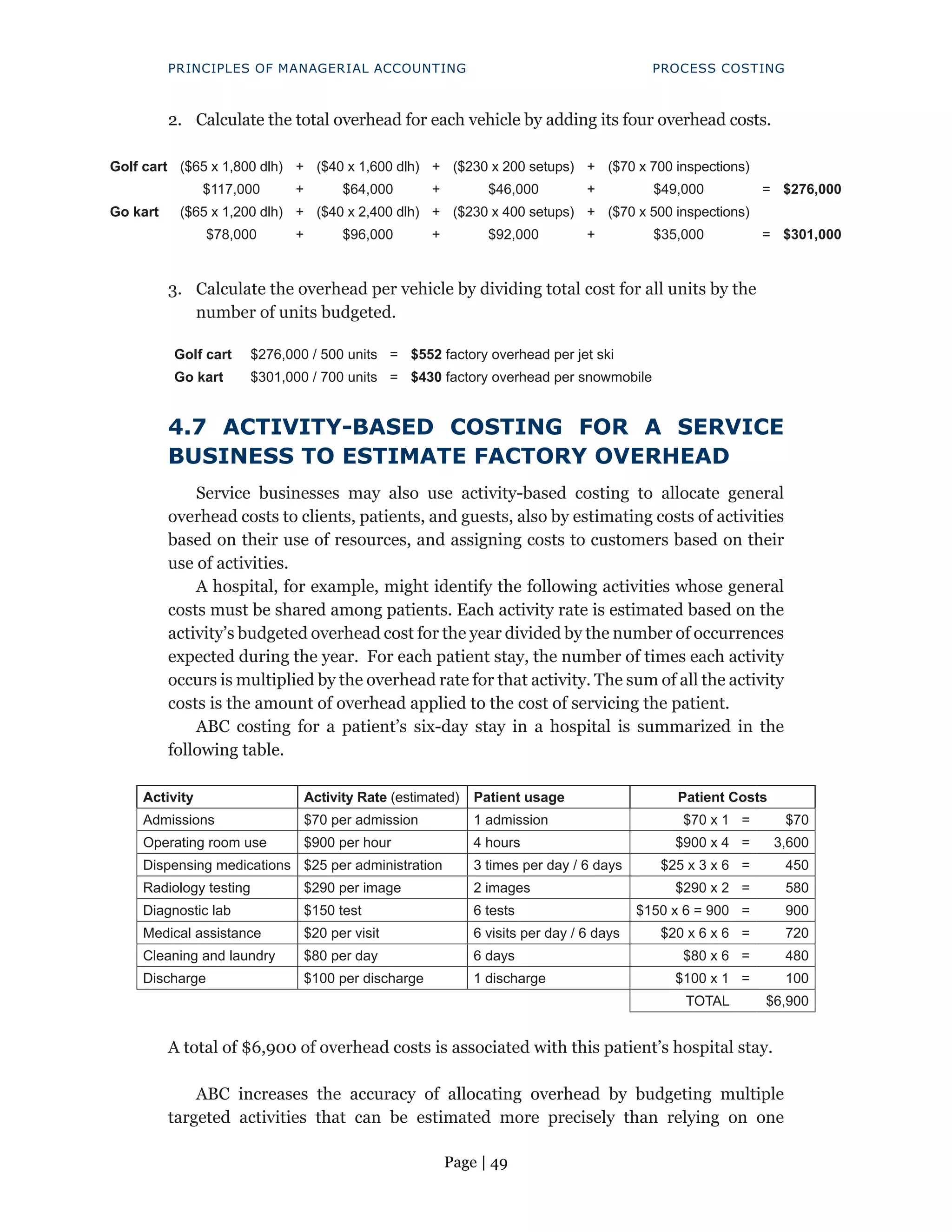 Page | 49
PRINCIPLES OF MANAGERIAL ACCOUNTING PROCESS COSTING
2. Calculate the total overhead for each vehicle by adding its four overhead costs.
Golf cart ($65 x 1,800 dlh) + ($40 x 1,600 dlh) + ($230 x 200 setups) + ($70 x 700 inspections)
$117,000 + $64,000 + $46,000 + $49,000 = $276,000
Go kart ($65 x 1,200 dlh) + ($40 x 2,400 dlh) + ($230 x 400 setups) + ($70 x 500 inspections)
$78,000 + $96,000 + $92,000 + $35,000 = $301,000
3. Calculate the overhead per vehicle by dividing total cost for all units by the
number of units budgeted.
Golf cart $276,000 / 500 units = $552 factory overhead per jet ski
Go kart $301,000 / 700 units = $430 factory overhead per snowmobile
4.7 ACTIVITY-BASED COSTING FOR A SERVICE
BUSINESS TO ESTIMATE FACTORY OVERHEAD
Service businesses may also use activity-based costing to allocate general
overhead costs to clients, patients, and guests, also by estimating costs of activities
based on their use of resources, and assigning costs to customers based on their
use of activities.
A hospital, for example, might identify the following activities whose general
costs must be shared among patients. Each activity rate is estimated based on the
activity’s budgeted overhead cost for the year divided by the number of occurrences
expected during the year. For each patient stay, the number of times each activity
occurs is multiplied by the overhead rate for that activity. The sum of all the activity
costs is the amount of overhead applied to the cost of servicing the patient.
ABC costing for a patient’s six-day stay in a hospital is summarized in the
following table.
Activity Activity Rate (estimated) Patient usage Patient Costs
Admissions $70 per admission 1 admission $70 x 1 = $70
Operating room use $900 per hour 4 hours $900 x 4 = 3,600
Dispensing medications $25 per administration 3 times per day / 6 days $25 x 3 x 6 = 450
Radiology testing $290 per image 2 images $290 x 2 = 580
Diagnostic lab $150 test 6 tests $150 x 6 = 900 = 900
Medical assistance $20 per visit 6 visits per day / 6 days $20 x 6 x 6 = 720
Cleaning and laundry $80 per day 6 days $80 x 6 = 480
Discharge $100 per discharge 1 discharge $100 x 1 = 100
TOTAL $6,900
A total of $6,900 of overhead costs is associated with this patient’s hospital stay.
ABC increases the accuracy of allocating overhead by budgeting multiple
targeted activities that can be estimated more precisely than relying on one
 