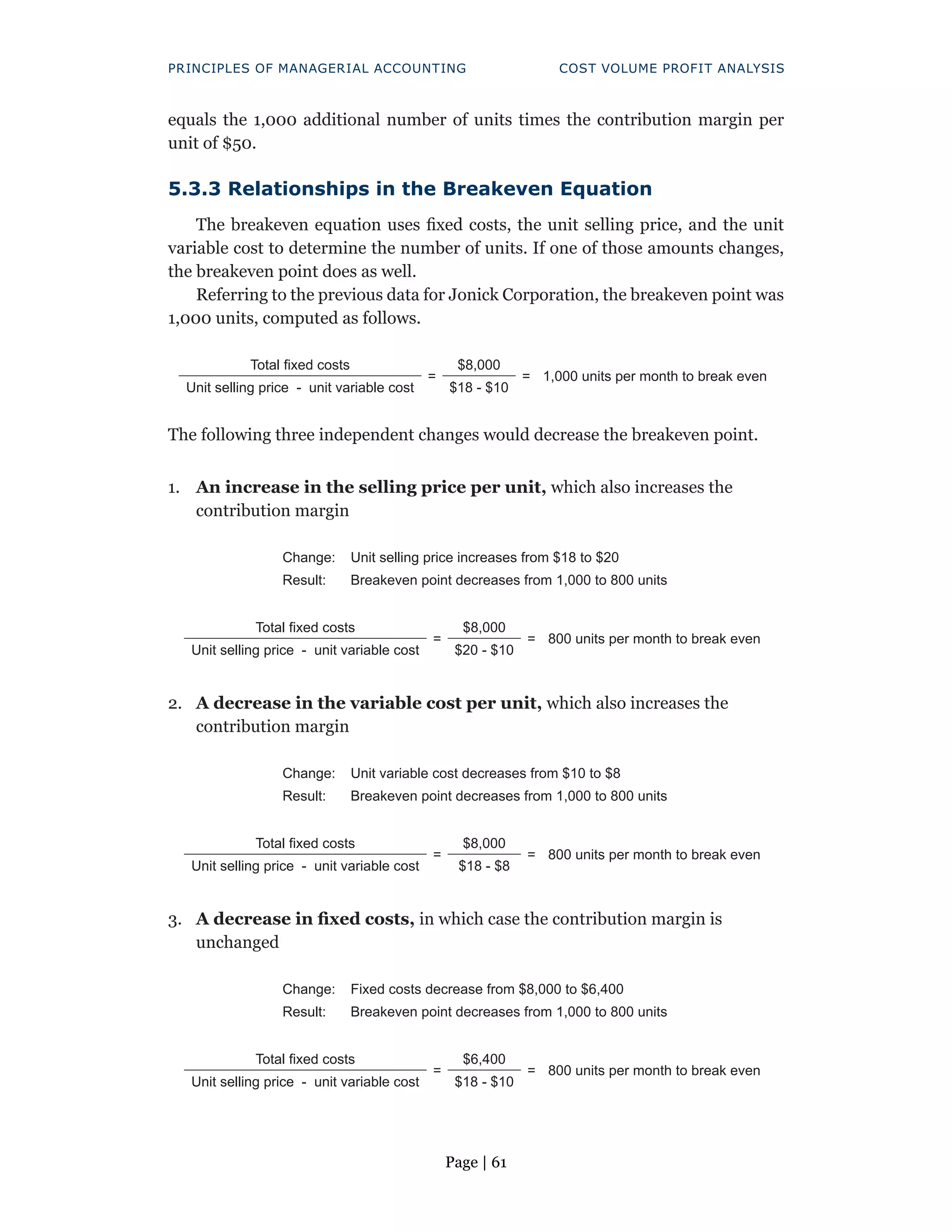 Page | 61
PRINCIPLES OF MANAGERIAL ACCOUNTING COST VOLUME PROFIT ANALYSIS
equals the 1,000 additional number of units times the contribution margin per
unit of $50.
5.3.3 Relationships in the Breakeven Equation
The breakeven equation uses fixed costs, the unit selling price, and the unit
variable cost to determine the number of units. If one of those amounts changes,
the breakeven point does as well.
Referring to the previous data for Jonick Corporation, the breakeven point was
1,000 units, computed as follows.
Total fixed costs
=
$8,000
= 1,000 units per month to break even
Unit selling price - unit variable cost $18 - $10
The following three independent changes would decrease the breakeven point.
1. An increase in the selling price per unit, which also increases the
contribution margin
Change: Unit selling price increases from $18 to $20
Result: Breakeven point decreases from 1,000 to 800 units
Total fixed costs
=
$8,000
= 800 units per month to break even
Unit selling price - unit variable cost $20 - $10
2. A decrease in the variable cost per unit, which also increases the
contribution margin
Change: Unit variable cost decreases from $10 to $8
Result: Breakeven point decreases from 1,000 to 800 units
Total fixed costs
=
$8,000
= 800 units per month to break even
Unit selling price - unit variable cost $18 - $8
3. A decrease in fixed costs, in which case the contribution margin is
unchanged
Change: Fixed costs decrease from $8,000 to $6,400
Result: Breakeven point decreases from 1,000 to 800 units
Total fixed costs
=
$6,400
= 800 units per month to break even
Unit selling price - unit variable cost $18 - $10
 