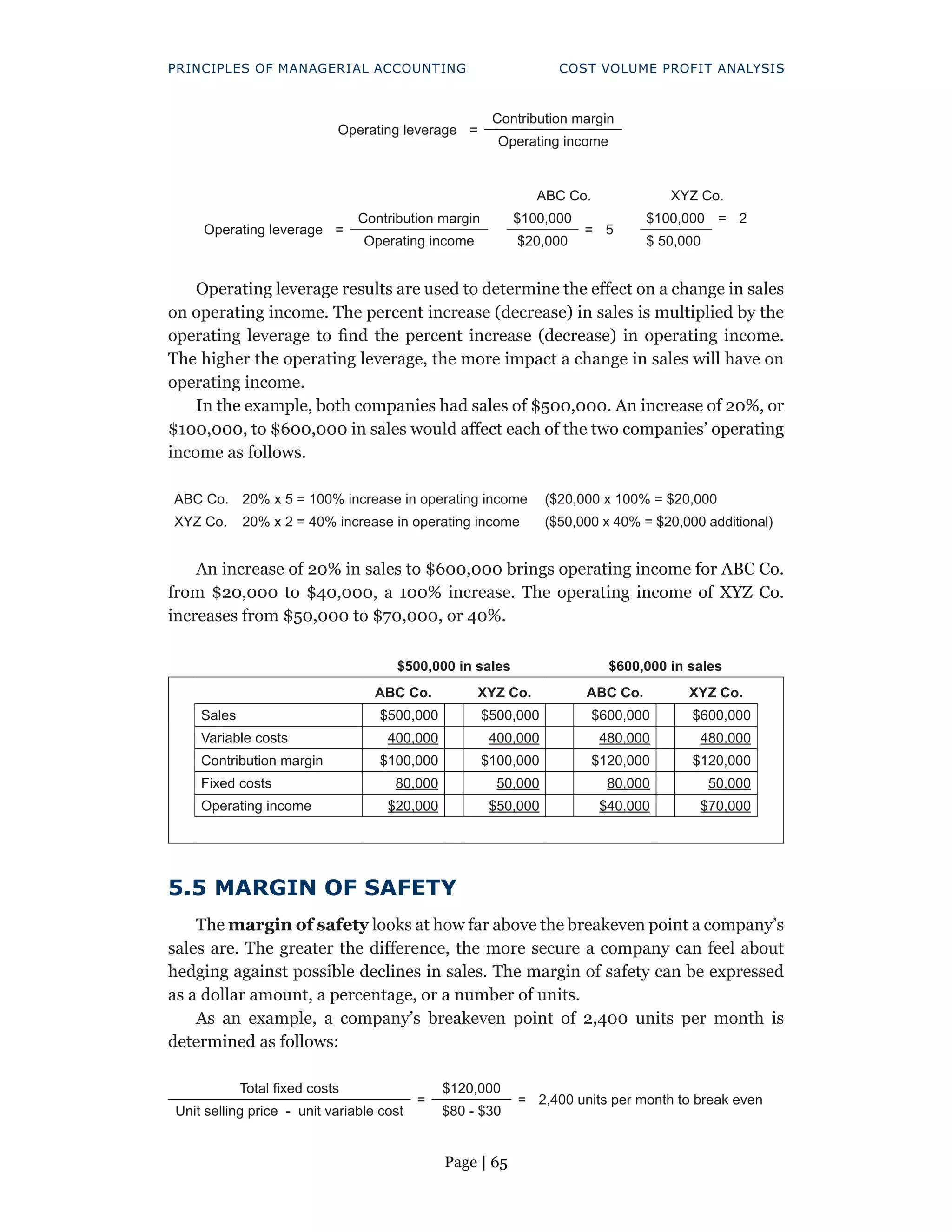 Page | 65
PRINCIPLES OF MANAGERIAL ACCOUNTING COST VOLUME PROFIT ANALYSIS
Operating leverage =
Contribution margin
Operating income
ABC Co. XYZ Co.
Operating leverage =
Contribution margin $100,000
= 5
$100,000 = 2
Operating income $20,000 $ 50,000
Operating leverage results are used to determine the effect on a change in sales
on operating income. The percent increase (decrease) in sales is multiplied by the
operating leverage to find the percent increase (decrease) in operating income.
The higher the operating leverage, the more impact a change in sales will have on
operating income.
In the example, both companies had sales of $500,000. An increase of 20%, or
$100,000, to $600,000 in sales would affect each of the two companies’ operating
income as follows.
ABC Co. 20% x 5 = 100% increase in operating income ($20,000 x 100% = $20,000
XYZ Co. 20% x 2 = 40% increase in operating income ($50,000 x 40% = $20,000 additional)
An increase of 20% in sales to $600,000 brings operating income for ABC Co.
from $20,000 to $40,000, a 100% increase. The operating income of XYZ Co.
increases from $50,000 to $70,000, or 40%.
$500,000 in sales $600,000 in sales
ABC Co. XYZ Co. ABC Co. XYZ Co.
Sales $500,000 $500,000 $600,000 $600,000
Variable costs 400,000 400,000 480,000 480,000
Contribution margin $100,000 $100,000 $120,000 $120,000
Fixed costs 80,000 50,000 80,000 50,000
Operating income $20,000 $50,000 $40,000 $70,000
5.5 MARGIN OF SAFETY
The margin of safety looks at how far above the breakeven point a company’s
sales are. The greater the difference, the more secure a company can feel about
hedging against possible declines in sales. The margin of safety can be expressed
as a dollar amount, a percentage, or a number of units.
As an example, a company’s breakeven point of 2,400 units per month is
determined as follows:
Total fixed costs
=
$120,000
= 2,400 units per month to break even
Unit selling price - unit variable cost $80 - $30
 