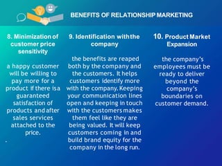 BENEFITS OF RELATIONSHIP MARKETING
8. Minimization of
customer price
sensitivity
a happy customer
will be willing to
pay more for a
product if there isa
guaranteed
satisfaction of
products and after
sales services
attached to the
price.
.
9. Identification withthe
company
the benefits are reaped
both by the company and
the customers. It helps
customers identify more
with the company.Keeping
your communication lines
open and keeping in touch
with the customers makes
them feel like they are
being valued. It will keep
customers coming in and
build brand equity for the
company in the long run.
10. Product Market
Expansion
the company’s
employees must be
ready to deliver
beyond the
company’s
boundaries on
customer demand.
 