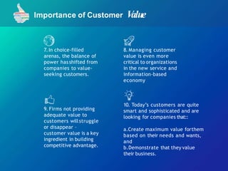 Importance of Customer V
alue
7.In choice-filled
arenas, the balance of
power has shifted from
companies to value-
seeking customers.
8. Managing customer
value is even more
critical to organizations
in the new service and
information-based
economy
9. Firms not providing
adequate value to
customers willstruggle
or disappear –
customer value is a key
ingredient in building
competitive advantage.
10. Today’s customers are quite
smart and sophisticated and are
looking for companies that::
a.Create maximum value forthem
based on their needs and wants,
and
b.Demonstrate that they value
their business.
 