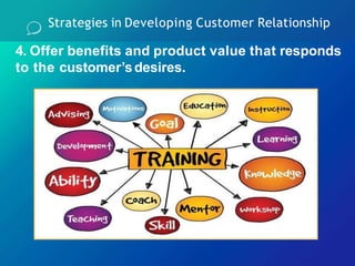 4. Offer benefits and product value that responds
to the customer’sdesires.
Strategies in Developing Customer Relationship
 