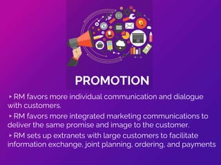 ▹RM favors more individual communication and dialogue
with customers.
▹RM favors more integrated marketing communications to
deliver the same promise and image to the customer.
▹RM sets up extranets with large customers to facilitate
information exchange, joint planning, ordering, and payments
PROMOTION
 