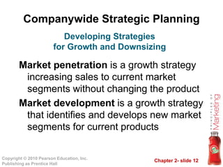 Companywide Strategic Planning
Market penetration is a growth strategy
increasing sales to current market
segments without changing the product
Developing Strategies
for Growth and Downsizing
Chapter 2- slide 12Copyright © 2010 Pearson Education, Inc.
Publishing as Prentice Hall
segments without changing the product
Market development is a growth strategy
that identifies and develops new market
segments for current products
 