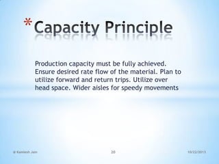 *
Production capacity must be fully achieved.
Ensure desired rate flow of the material. Plan to
utilize forward and return trips. Utilize over
head space. Wider aisles for speedy movements

@ Kamlesh Jain

20

10/22/2013

 