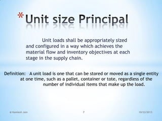 *
Unit loads shall be appropriately sized
and configured in a way which achieves the
material flow and inventory objectives at each
stage in the supply chain.
Definition: A unit load is one that can be stored or moved as a single entity
at one time, such as a pallet, container or tote, regardless of the
number of individual items that make up the load.

@ Kamlesh Jain

7

10/22/2013

 