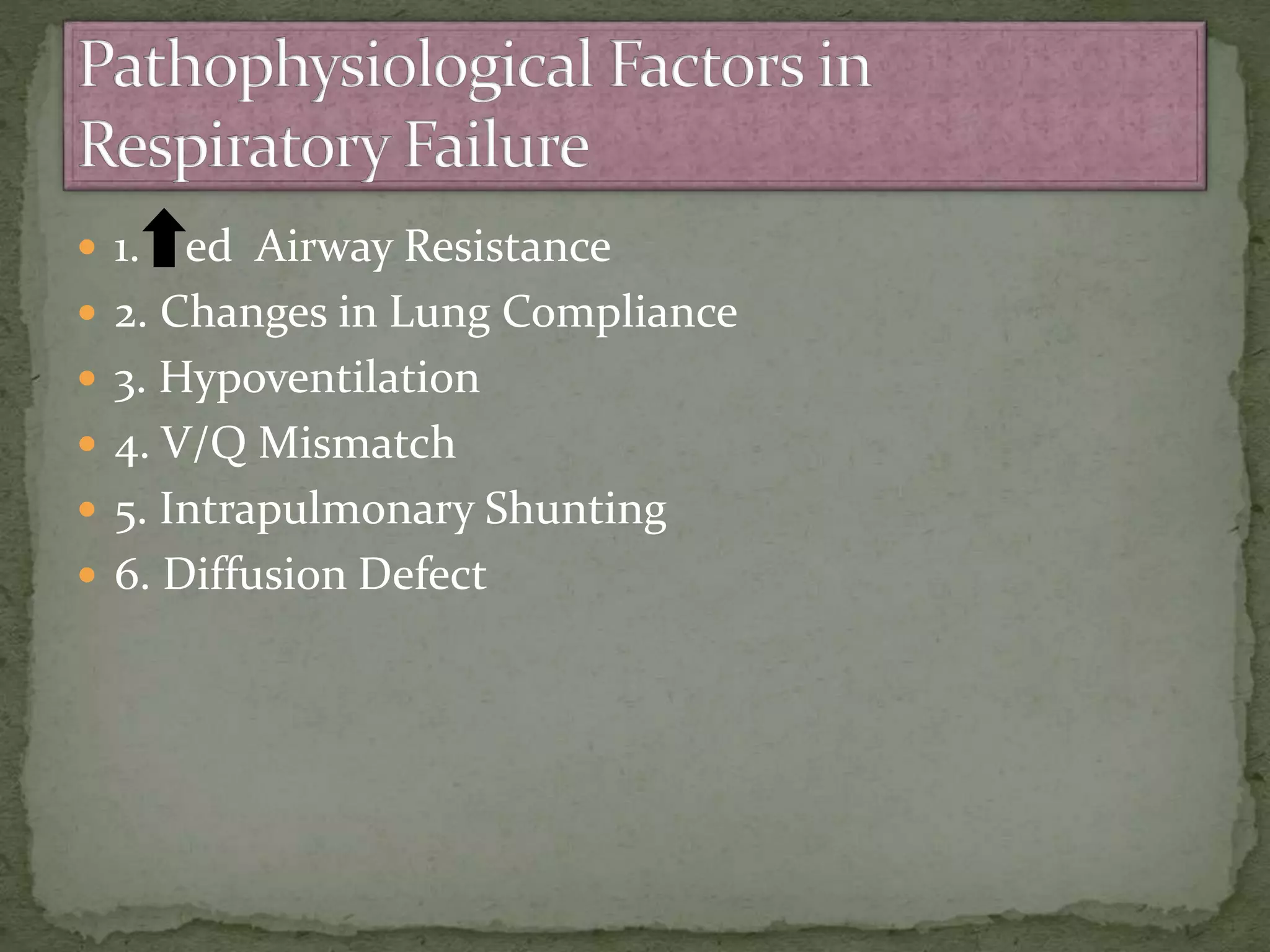  1. ed Airway Resistance
 2. Changes in Lung Compliance
 3. Hypoventilation
 4. V/Q Mismatch
 5. Intrapulmonary Shunting
 6. Diffusion Defect
 