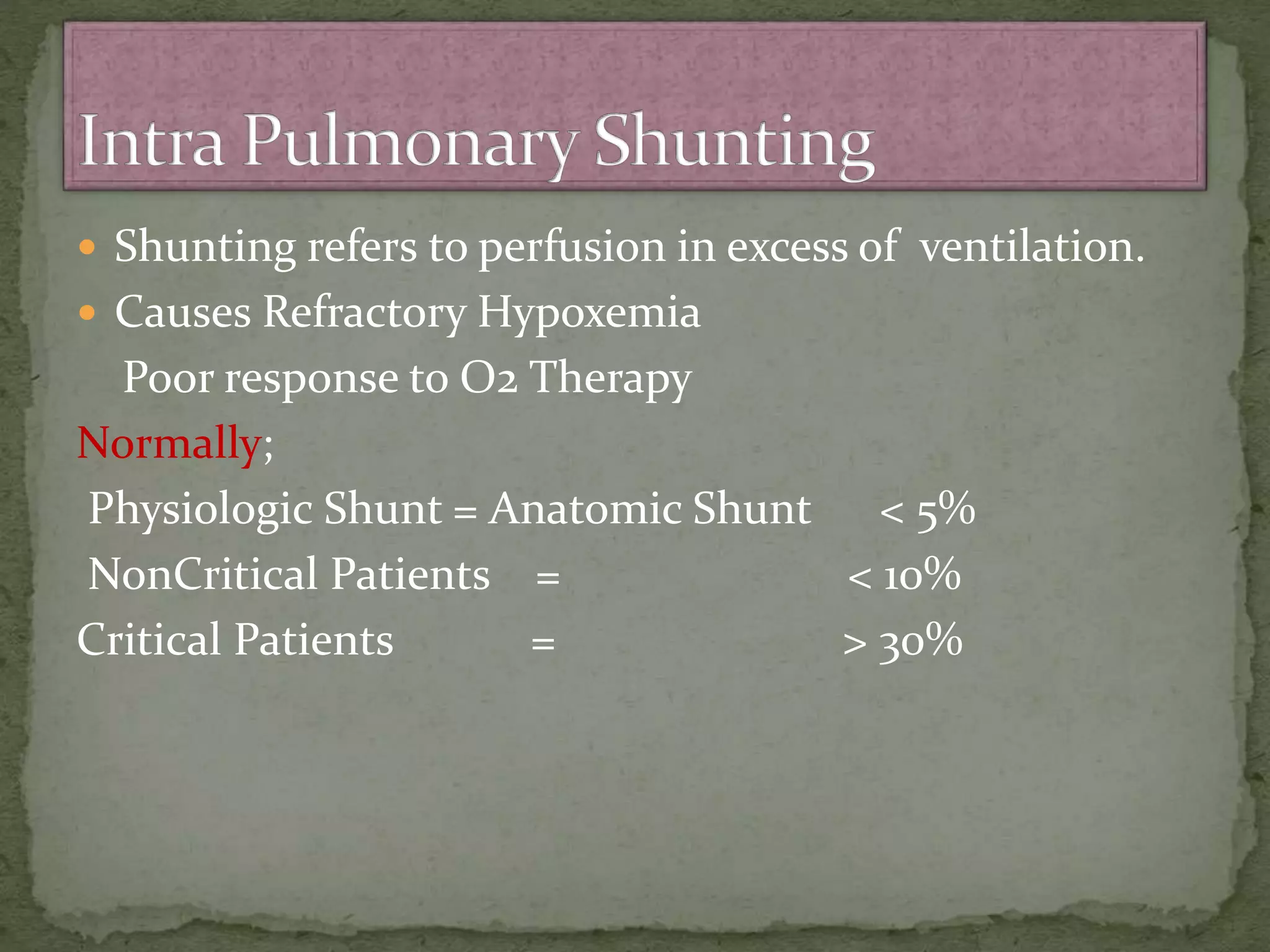 Shunting refers to perfusion in excess of ventilation.
 Causes Refractory Hypoxemia
Poor response to O2 Therapy
Normally;
Physiologic Shunt = Anatomic Shunt < 5%
NonCritical Patients = < 10%
Critical Patients = > 30%
 