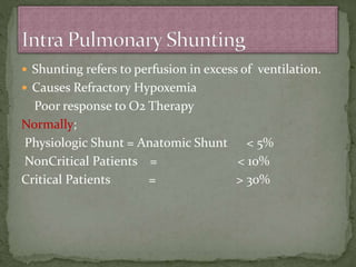 Shunting refers to perfusion in excess of ventilation.
 Causes Refractory Hypoxemia
Poor response to O2 Therapy
Normally;
Physiologic Shunt = Anatomic Shunt < 5%
NonCritical Patients = < 10%
Critical Patients = > 30%
 