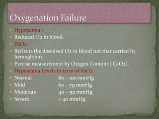  Hypoxemia :
 Reduced O2 in blood.
 PaO2 :
 Reflects the dissolved O2 in blood not that carried by
hemoglobin.
 Precise measurement by Oxygen Content ( CaO2).
 Hypoxemia Levels in term of PaO2
 Normal 80 – 100 mmHg
 Mild 60 – 79 mmHg
 Moderate 40 – 59 mmHg
 Severe < 40 mmHg
 