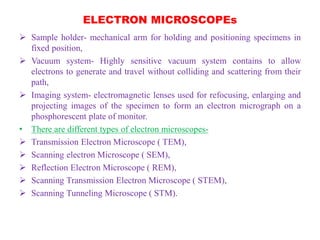 ELECTRON MICROSCOPEs
 Sample holder- mechanical arm for holding and positioning specimens in
fixed position,
 Vacuum system- Highly sensitive vacuum system contains to allow
electrons to generate and travel without colliding and scattering from their
path,
 Imaging system- electromagnetic lenses used for refocusing, enlarging and
projecting images of the specimen to form an electron micrograph on a
phosphorescent plate of monitor.
• There are different types of electron microscopes-
 Transmission Electron Microscope ( TEM),
 Scanning electron Microscope ( SEM),
 Reflection Electron Microscope ( REM),
 Scanning Transmission Electron Microscope ( STEM),
 Scanning Tunneling Microscope ( STM).
 