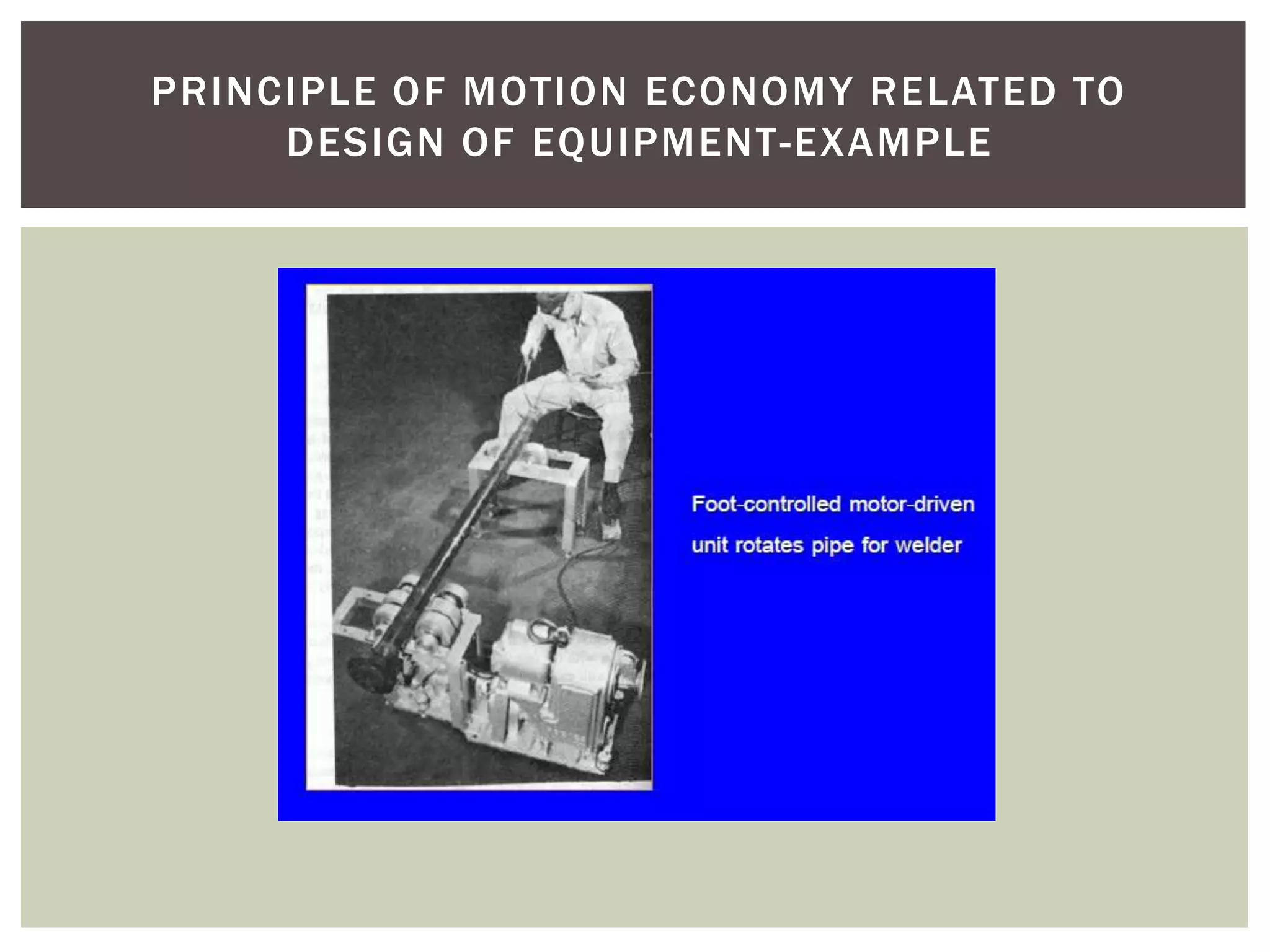 PRINCIPLE OF MOTION ECONOMY RELATED TO
     DESIGN OF EQUIPMENT-EXAMPLE
 