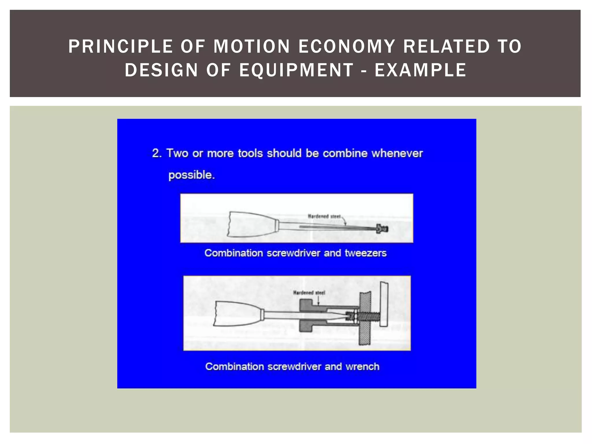 PRINCIPLE OF MOTION ECONOMY RELATED TO
     DESIGN OF EQUIPMENT - EXAMPLE
 