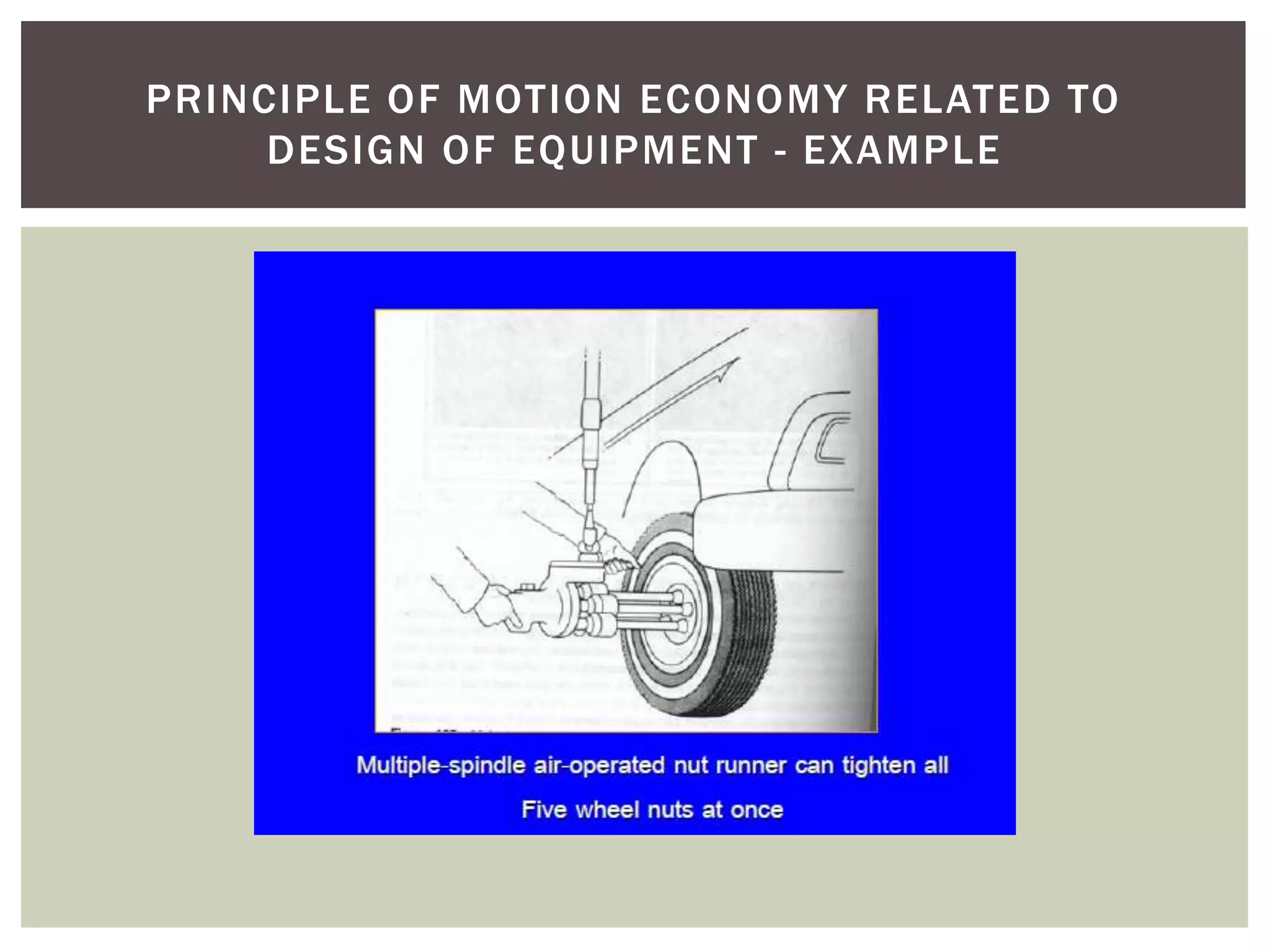 PRINCIPLE OF MOTION ECONOMY RELATED TO
     DESIGN OF EQUIPMENT - EXAMPLE
 