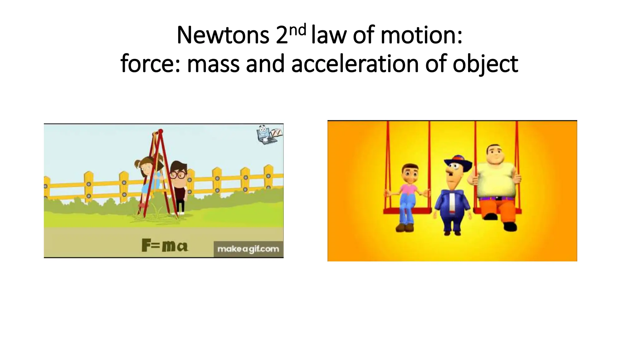 Newtons 2nd law of motion:
force: mass and acceleration of object
 