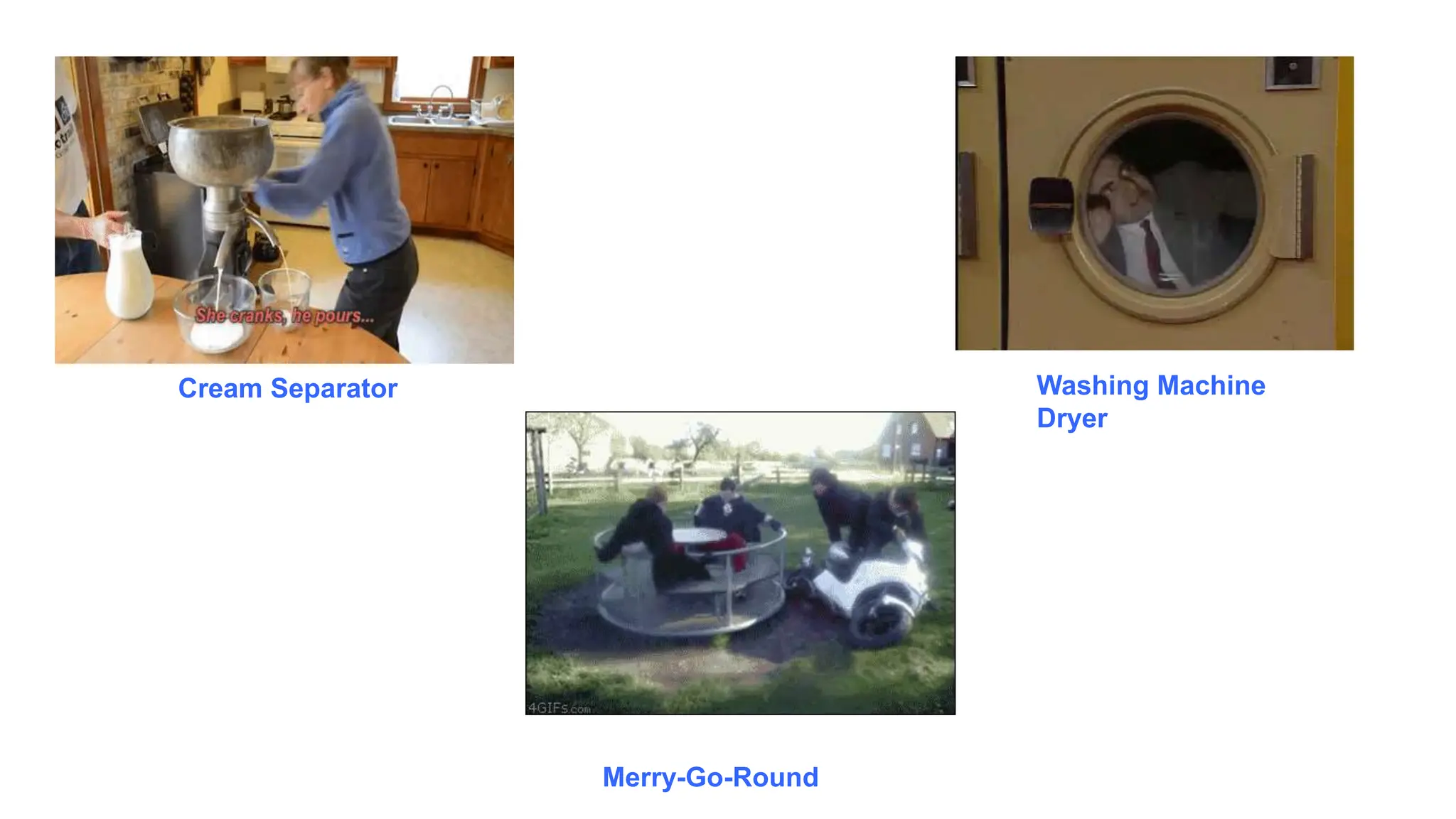 Washing Machine
Dryer
Cream Separator
Merry-Go-Round
 