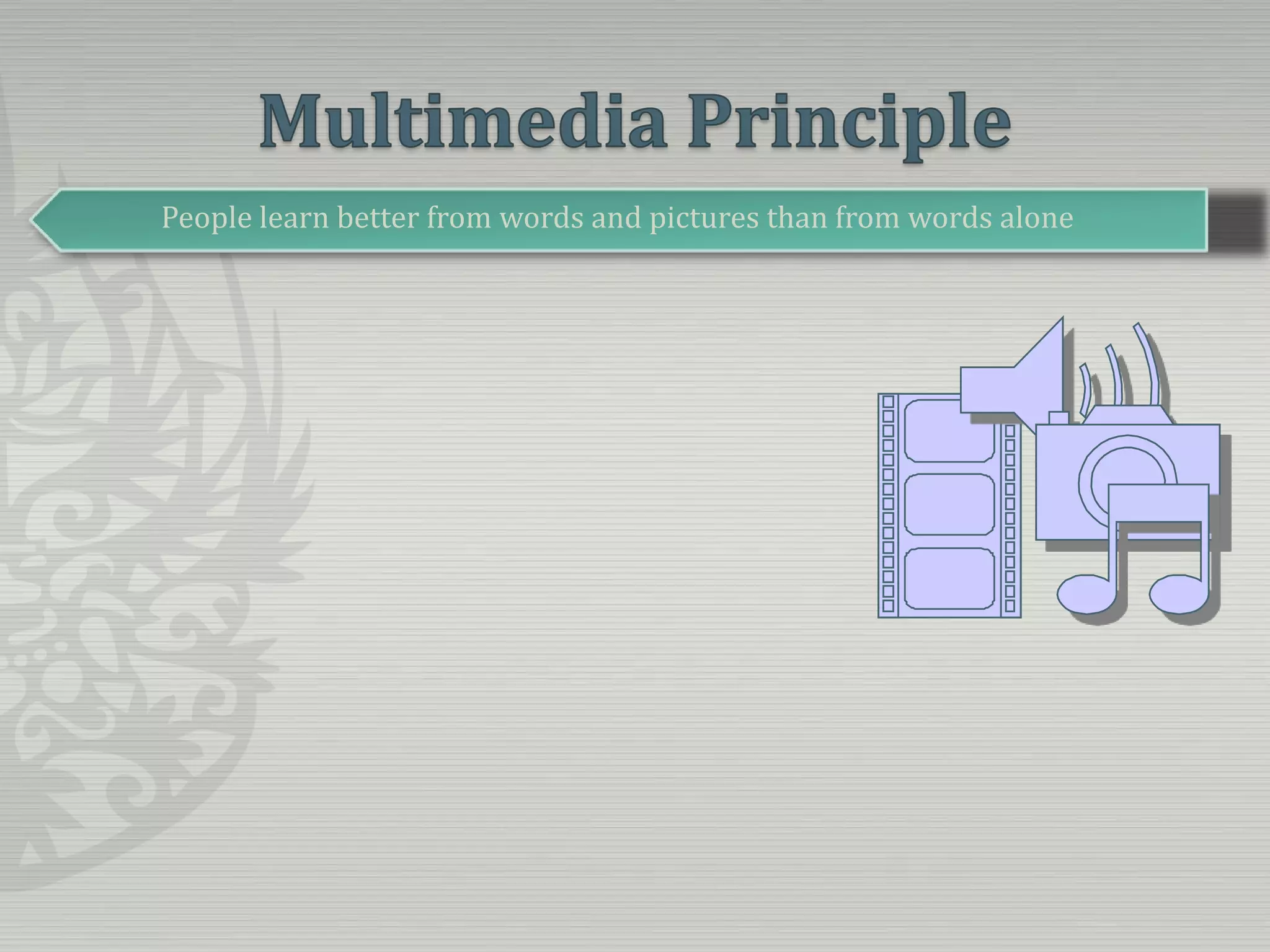 Multimedia PrinciplePeople learn better from words and pictures than from words alone