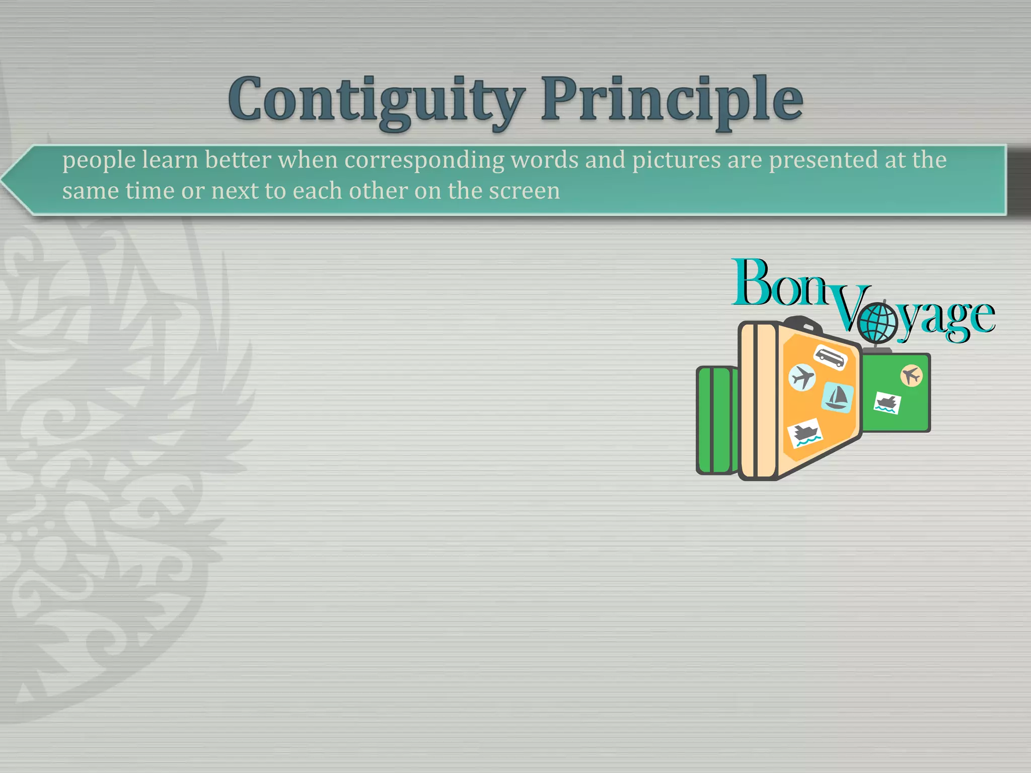 Contiguity Principlepeople learn better when corresponding words and pictures are presented at the same time or next to each other on the screen