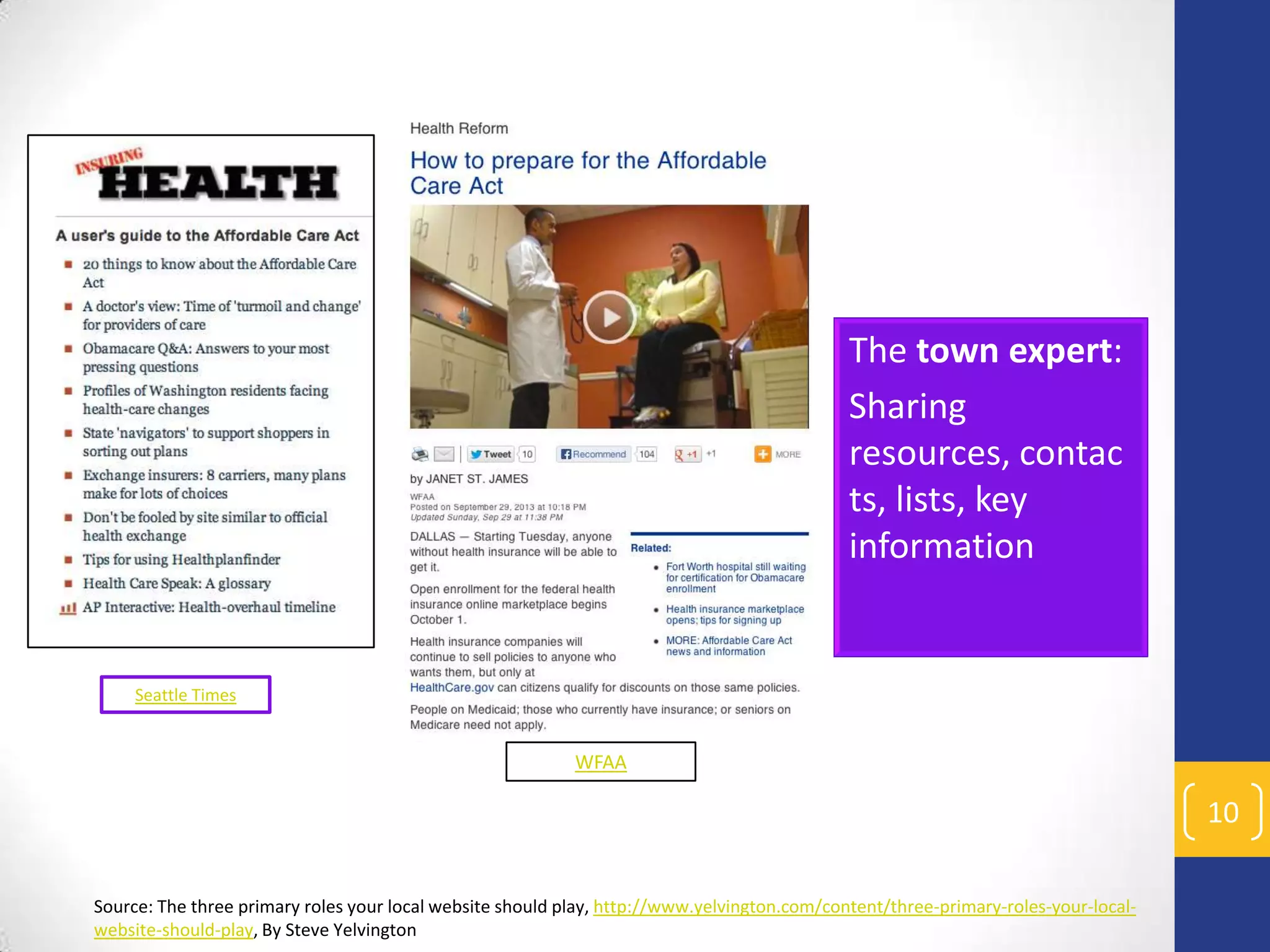 The town expert:
Sharing
resources, contac
ts, lists, key
information

Seattle Times

WFAA

10
Source: The three primary roles your local website should play, http://www.yelvington.com/content/three-primary-roles-your-localwebsite-should-play, By Steve Yelvington

 