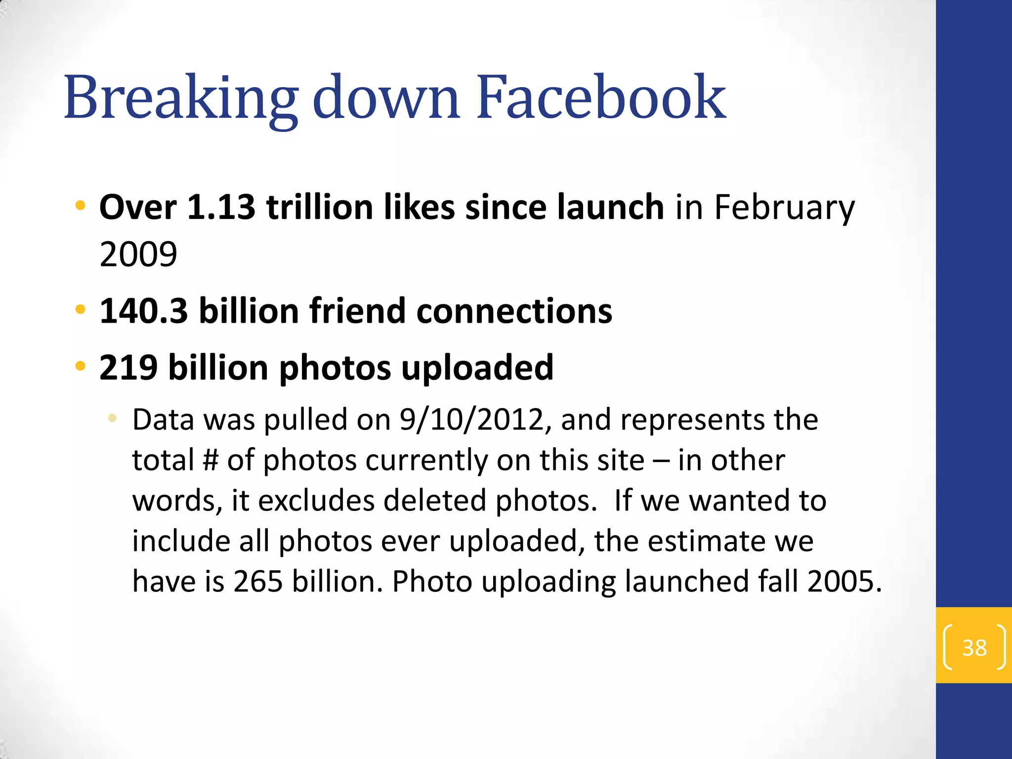 Breaking down Facebook
• Over 1.13 trillion likes since launch in February
2009
• 140.3 billion friend connections
• 219 billion photos uploaded
• Data was pulled on 9/10/2012, and represents the
total # of photos currently on this site – in other
words, it excludes deleted photos. If we wanted to
include all photos ever uploaded, the estimate we
have is 265 billion. Photo uploading launched fall 2005.
38

 