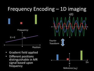 Frequency	Encoding	– 1D	imaging
• Gradient	field	applied
• Different	positions	
distinguishable	in	MR	
signal	based	upon	
frequency
Position
Frequency
G	>	0
Fourier	
Transform
f/x
ω0
t
Reference	(ω0)
0
s(t)	
 