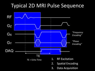 Typical	2D	MRI	Pulse	Sequence
1. RF	Excitation
2. Spatial	Encoding
3. Data	Acquisition
TE	=	Echo	Time
”Frequency	
Encoding”
”Phase	
Encoding”
 