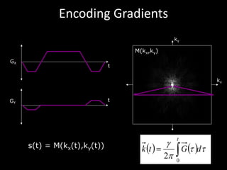 Encoding	Gradients
kx
ky
t
GX
tGY
( ) ( ) tt
p
g
dGtk
t
ò=
0
2
s(t) = M(kx(t),ky(t))
M(kx,ky)
 