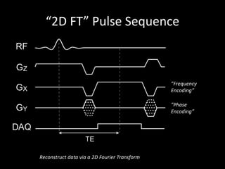 “2D	FT”	Pulse	Sequence
”Frequency	
Encoding”
”Phase	
Encoding”
Reconstruct	data	via	a	2D	Fourier	Transform
 