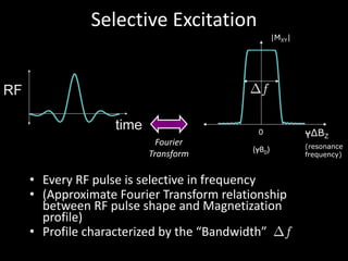 Selective	Excitation
• Every	RF	pulse	is	selective	in	frequency
• (Approximate	Fourier	Transform	relationship	
between	RF	pulse	shape	and	Magnetization	
profile)
• Profile	characterized	by	the	“Bandwidth”
γΔBZ
(resonance
frequency)
|MXY|
Fourier	
Transform
0
(γB0)
f
f
 