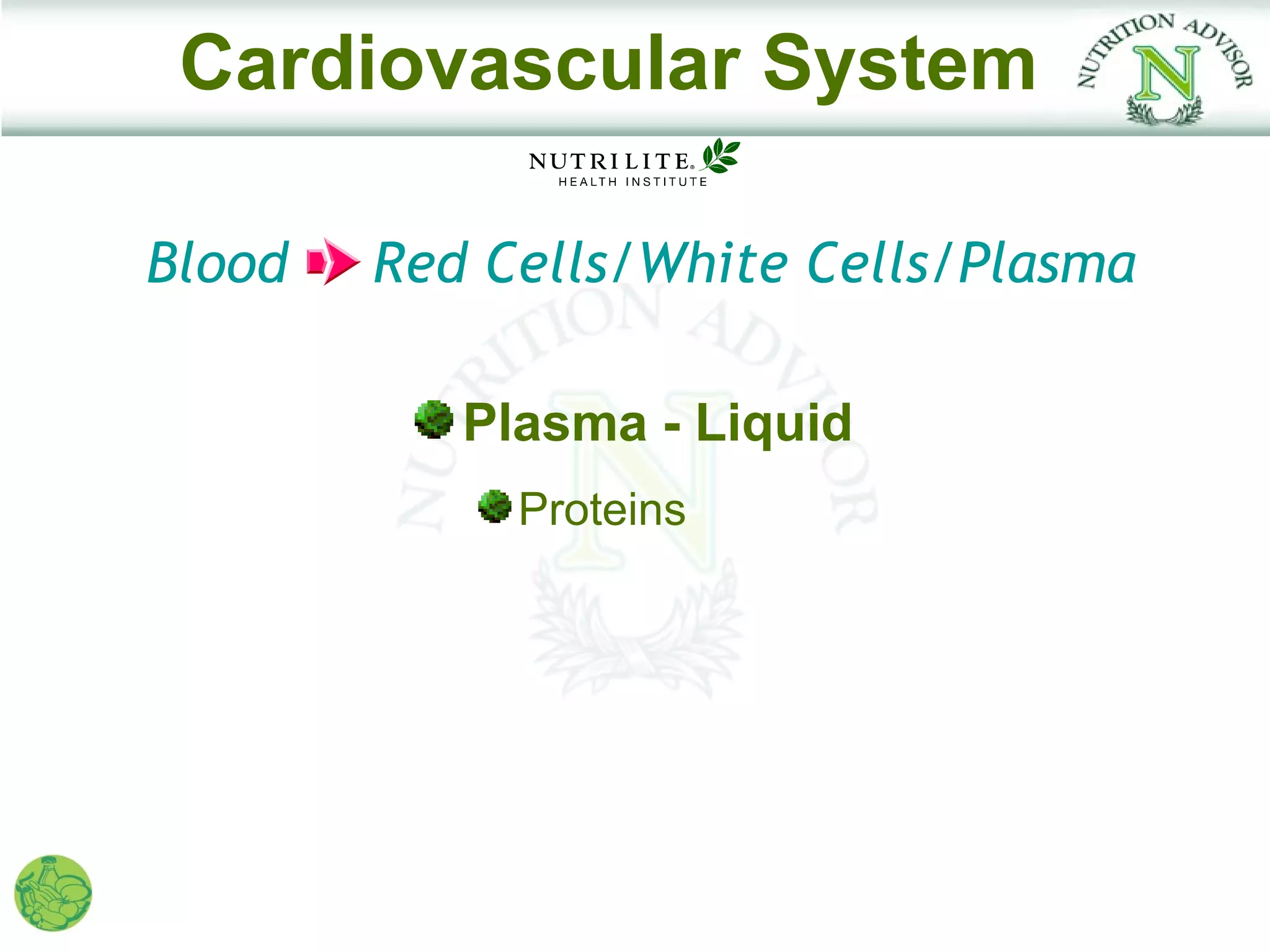 Cardiovascular System

Blood   Red Cells/White Cells/Plasma

           Plasma - Liquid
             Proteins
 