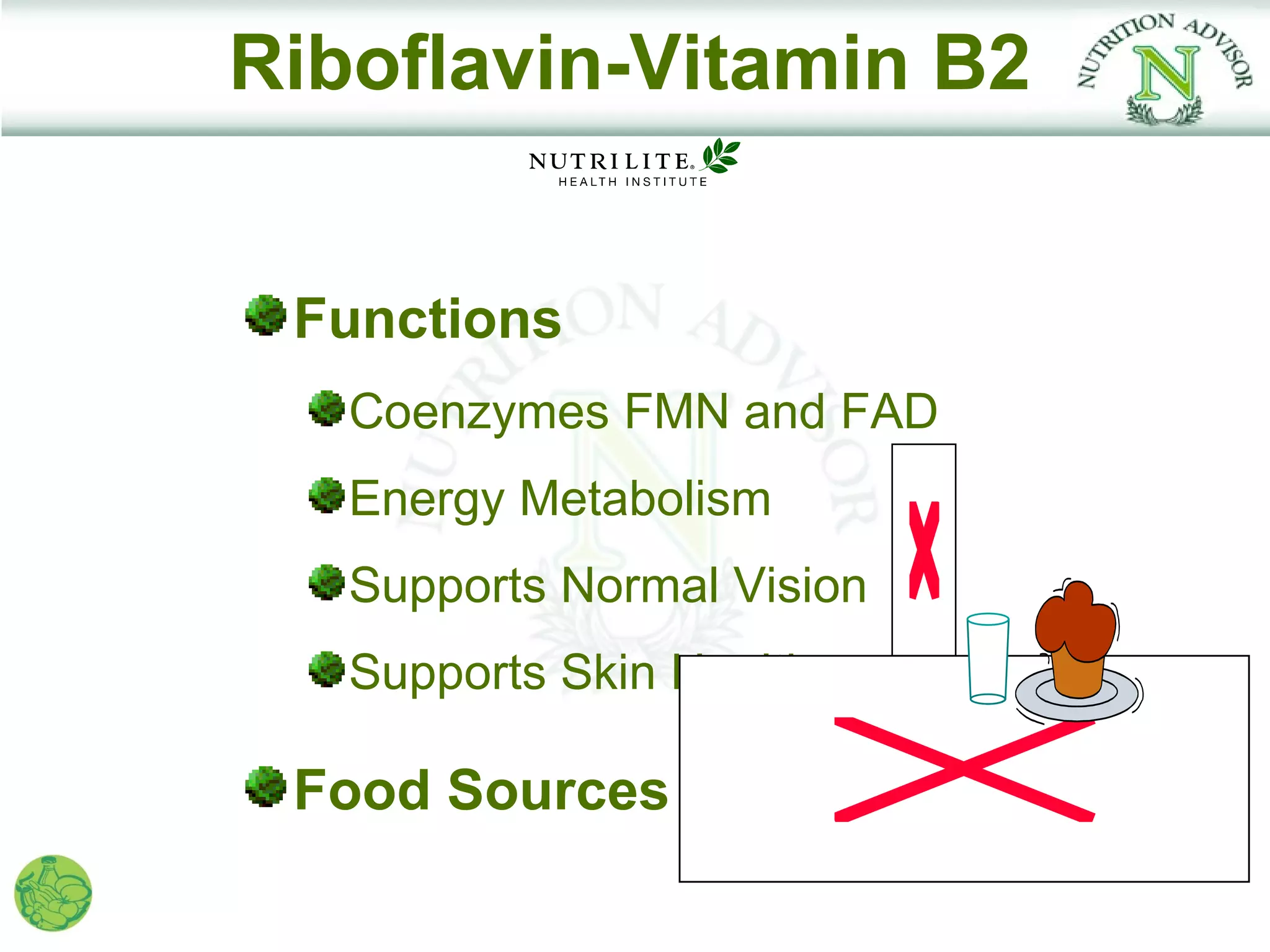 Riboflavin-Vitamin B2


 Functions
   Coenzymes FMN and FAD
   Energy Metabolism
   Supports Normal Vision
   Supports Skin Health

 Food Sources
 