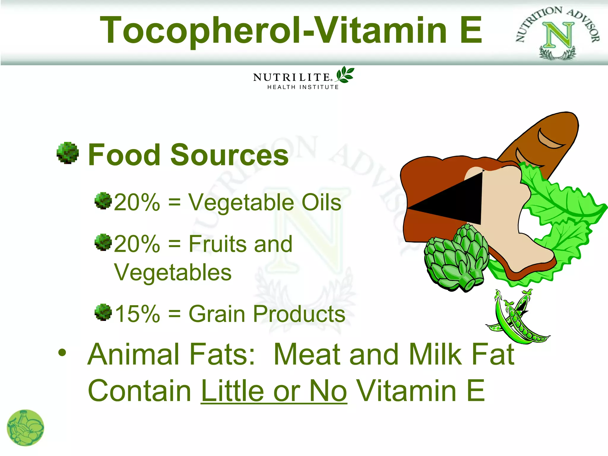 Tocopherol-Vitamin E


  Food Sources
   20% = Vegetable Oils
   20% = Fruits and
   Vegetables
   15% = Grain Products
• Animal Fats: Meat and Milk Fat
  Contain Little or No Vitamin E
 