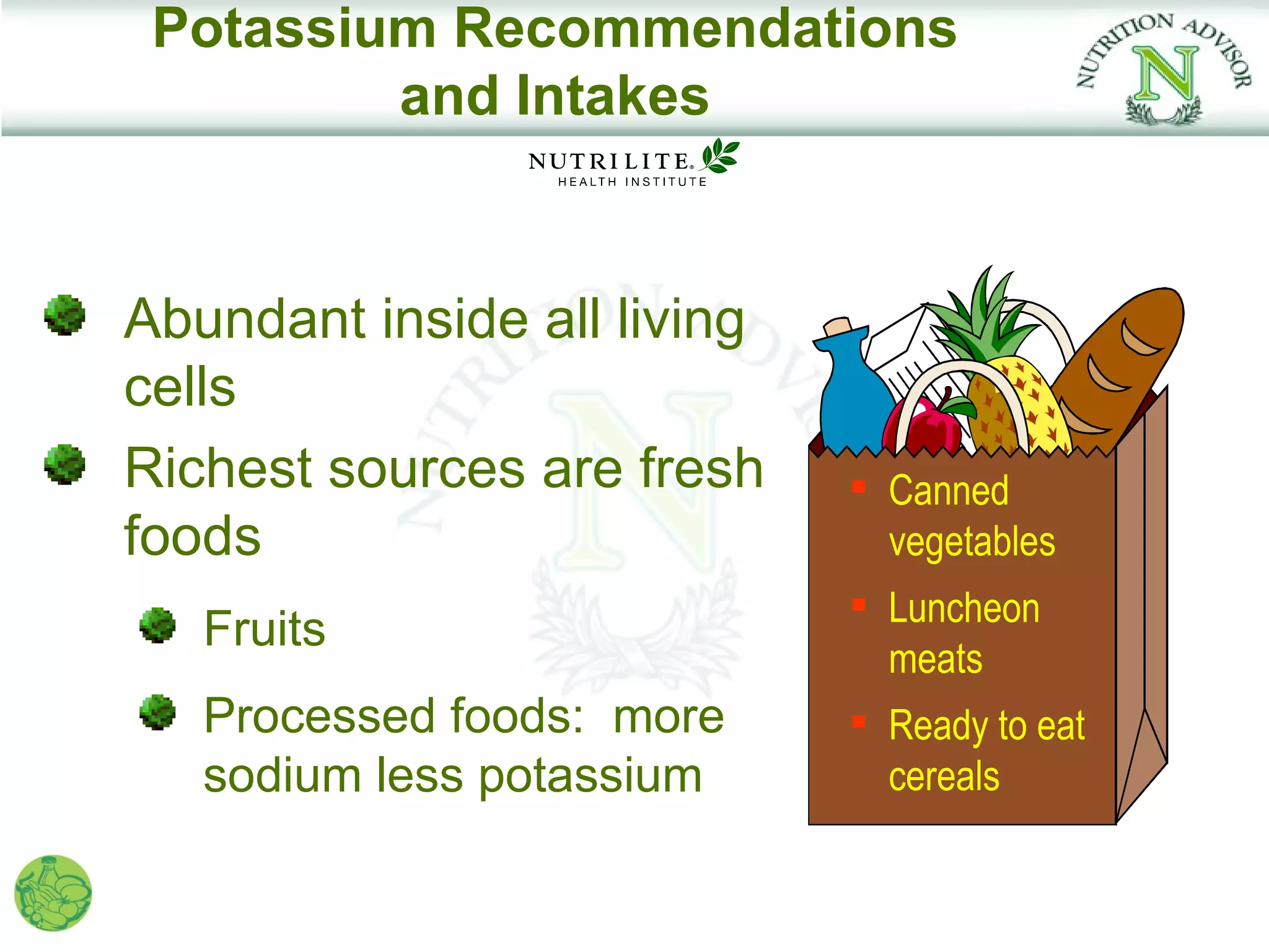 Potassium Recommendations
         and Intakes


Abundant inside all living
cells
Richest sources are fresh     Canned
foods                          vegetables
                              Luncheon
   Fruits
                               meats
   Processed foods: more      Ready to eat
   sodium less potassium       cereals
 