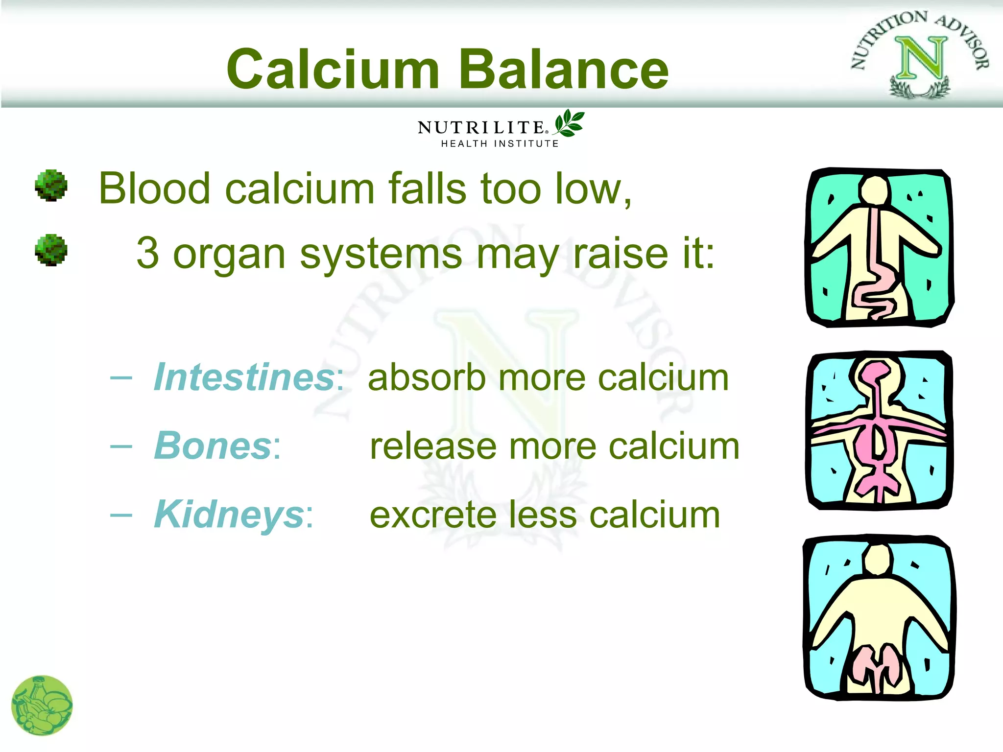 Calcium Balance

Blood calcium falls too low,
  3 organ systems may raise it:

– Intestines: absorb more calcium
– Bones:     release more calcium
– Kidneys:   excrete less calcium
 
