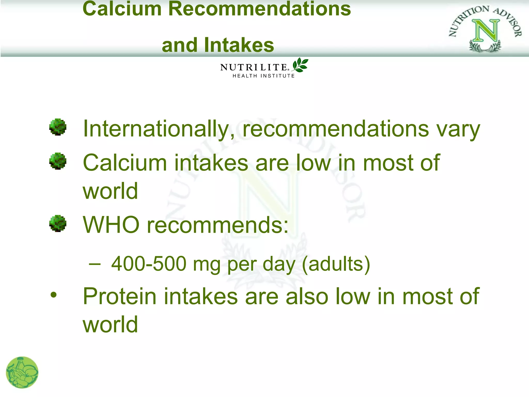Calcium Recommendations
           and Intakes



    Internationally, recommendations vary
    Calcium intakes are low in most of
    world
    WHO recommends:
    – 400-500 mg per day (adults)
•   Protein intakes are also low in most of
    world
 