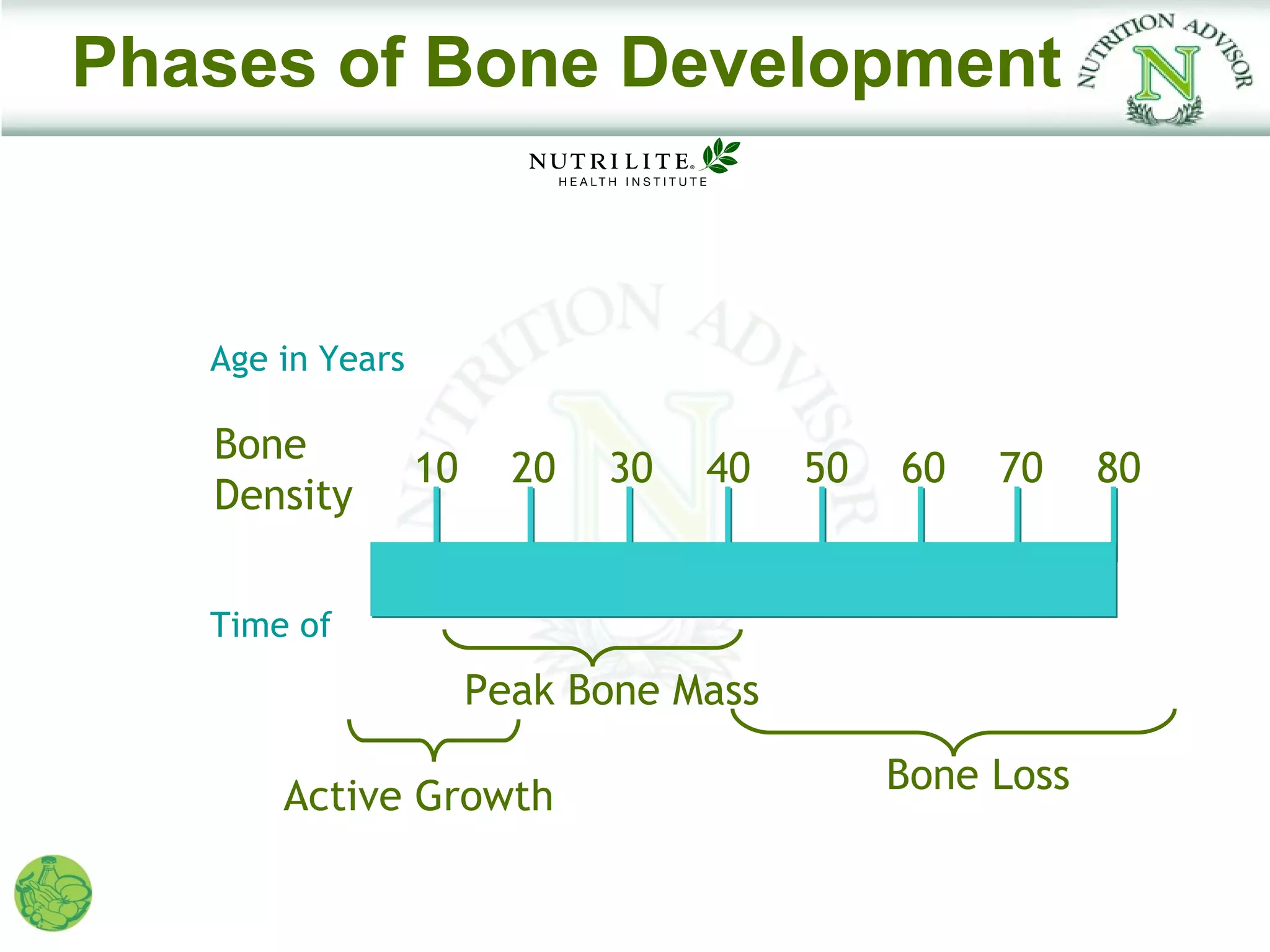 Phases of Bone Development



   Age in Years

   Bone
                  10     20   30   40   50   60   70     80
   Density


   Time of
                       Peak Bone Mass

                                             Bone Loss
       Active Growth
 