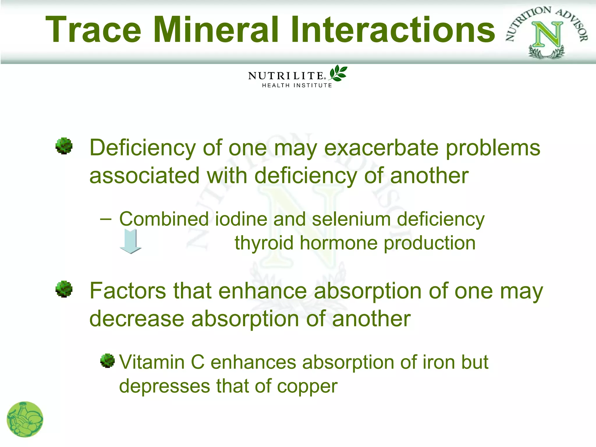 Trace Mineral Interactions


  Deficiency of one may exacerbate problems
  associated with deficiency of another
   – Combined iodine and selenium deficiency
                thyroid hormone production

  Factors that enhance absorption of one may
  decrease absorption of another
    Vitamin C enhances absorption of iron but
    depresses that of copper
 