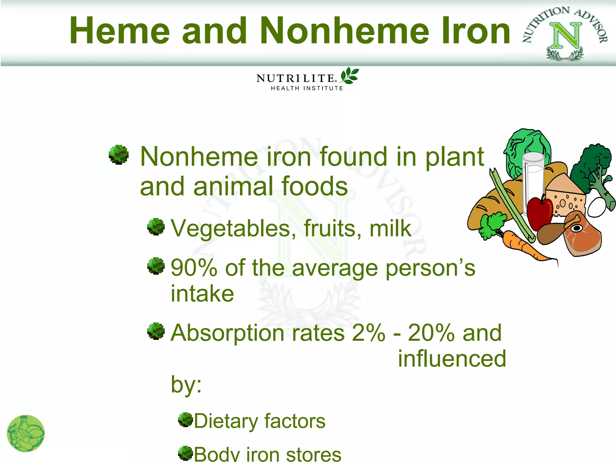 Heme and Nonheme Iron


   Nonheme iron found in plant
   and animal foods
     Vegetables, fruits, milk
     90% of the average person’s
     intake
     Absorption rates 2% - 20% and
                          influenced
     by:
       Dietary factors
       Body iron stores
 