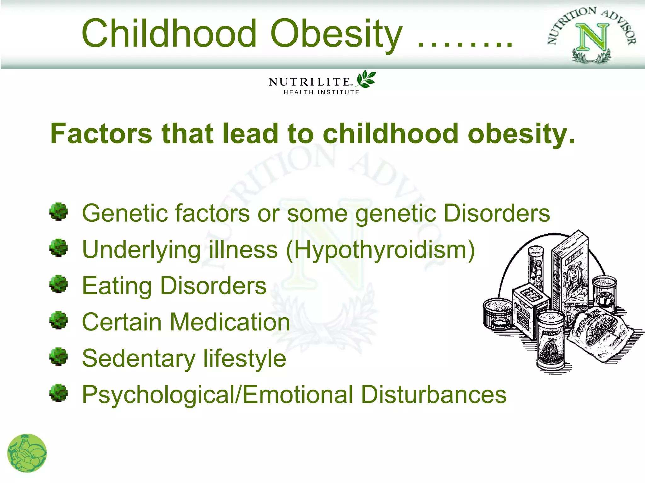 Childhood Obesity ……..

Factors that lead to childhood obesity.

  Genetic factors or some genetic Disorders
  Underlying illness (Hypothyroidism)
  Eating Disorders
  Certain Medication
  Sedentary lifestyle
  Psychological/Emotional Disturbances
 