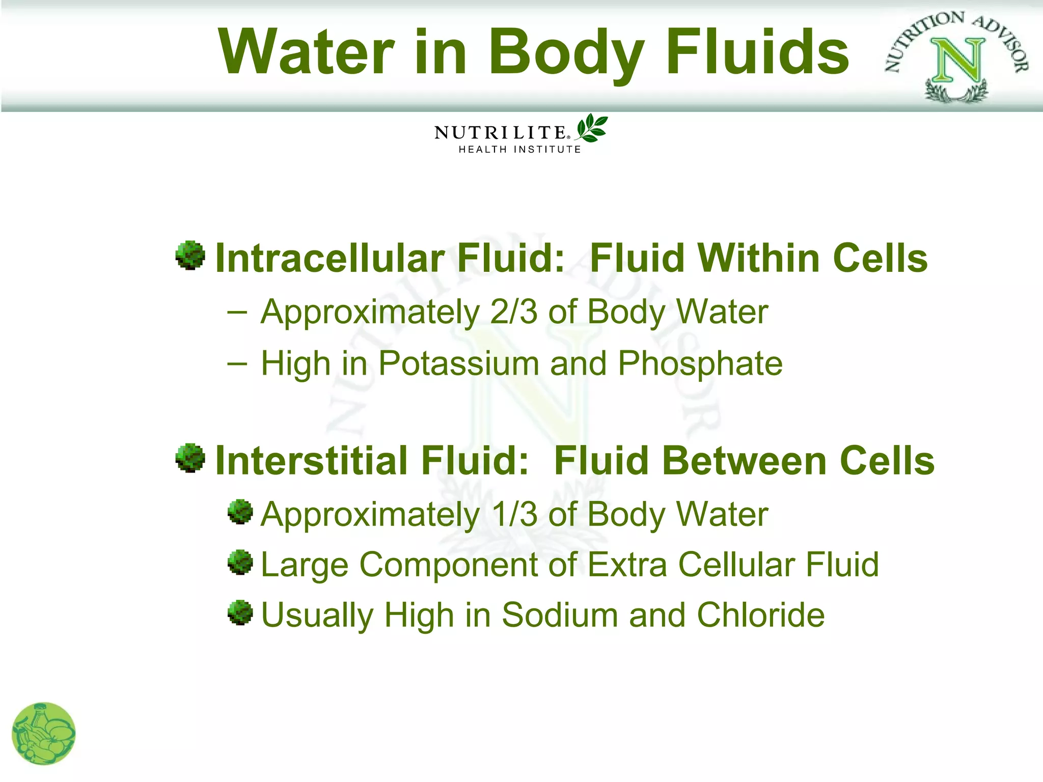 Water in Body Fluids


Intracellular Fluid: Fluid Within Cells
– Approximately 2/3 of Body Water
– High in Potassium and Phosphate

Interstitial Fluid: Fluid Between Cells
  Approximately 1/3 of Body Water
  Large Component of Extra Cellular Fluid
  Usually High in Sodium and Chloride
 