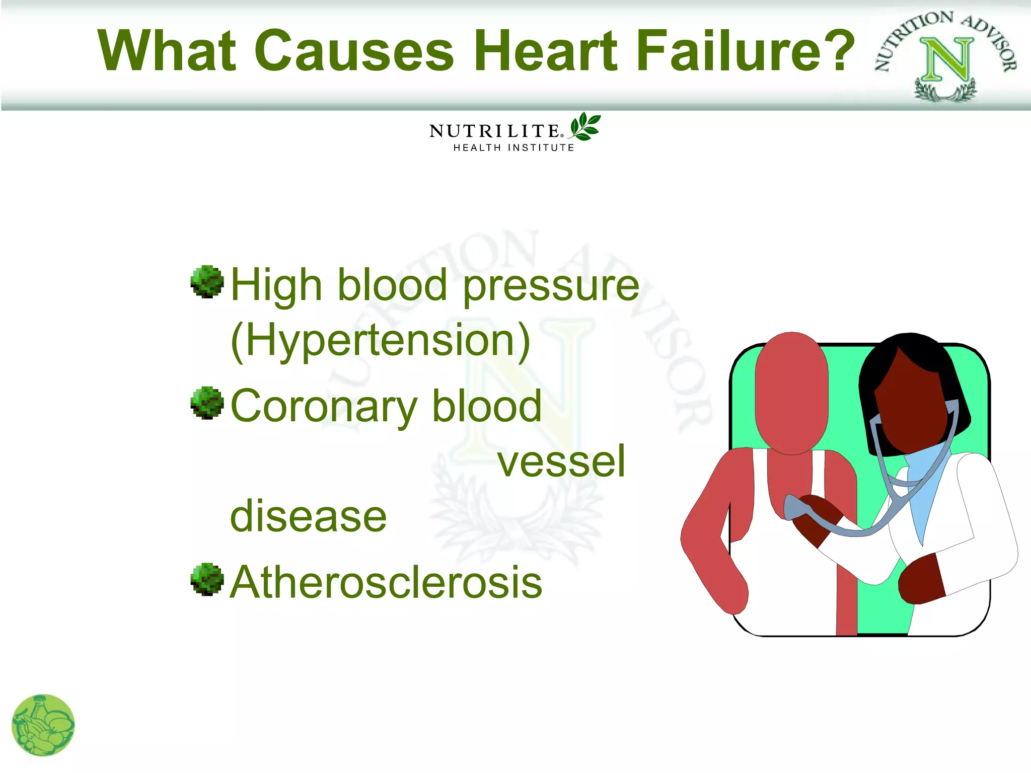 What Causes Heart Failure?



    High blood pressure
    (Hypertension)
    Coronary blood
                 vessel
    disease
    Atherosclerosis
 