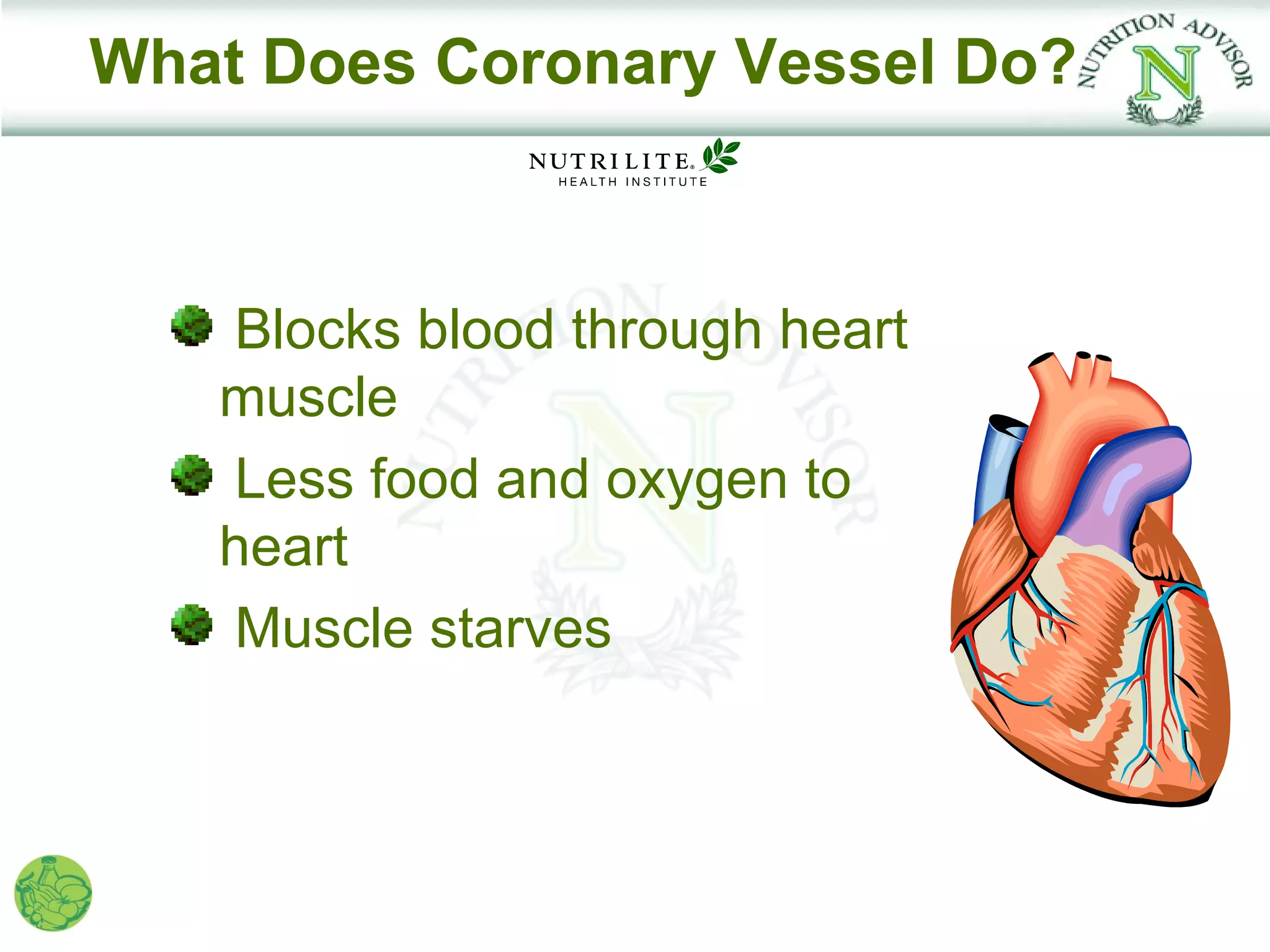 What Does Coronary Vessel Do?



   Blocks blood through heart
   muscle
   Less food and oxygen to
   heart
   Muscle starves
 