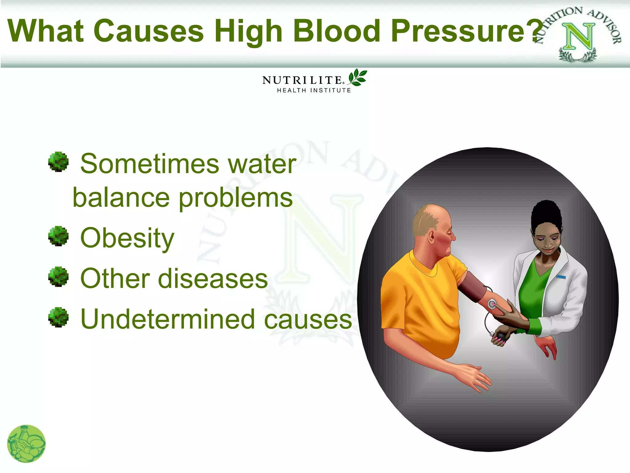 What Causes High Blood Pressure?



   Sometimes water
   balance problems
   Obesity
   Other diseases
   Undetermined causes
 