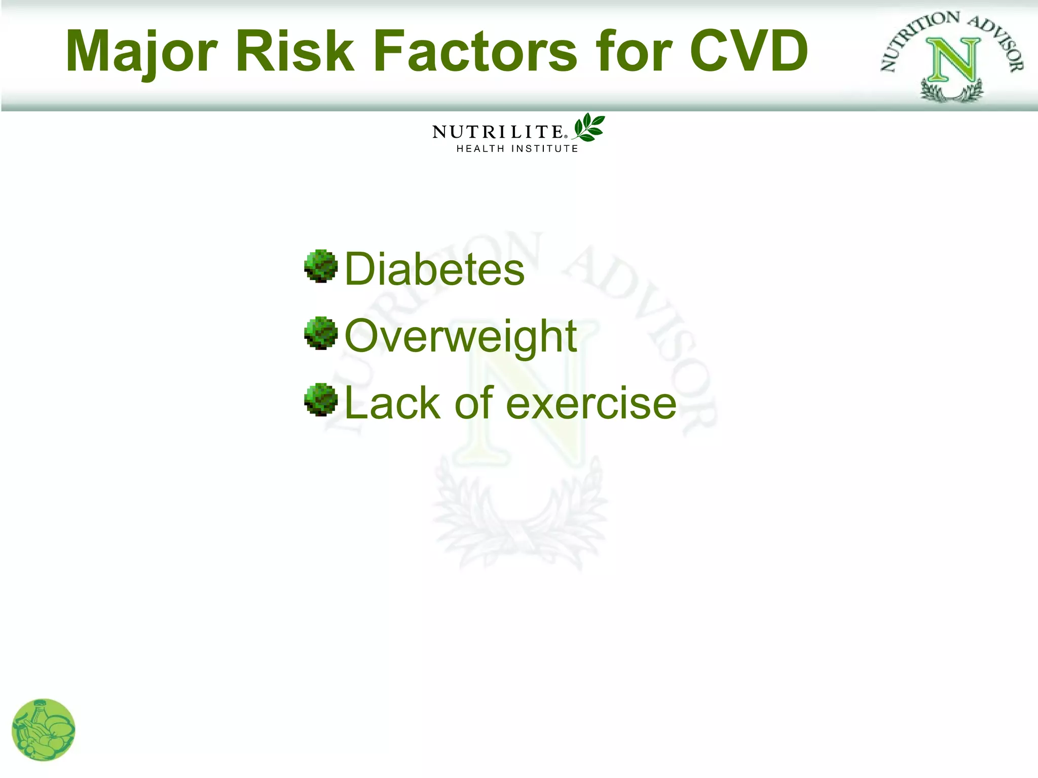 Major Risk Factors for CVD


         Diabetes
         Overweight
         Lack of exercise
 