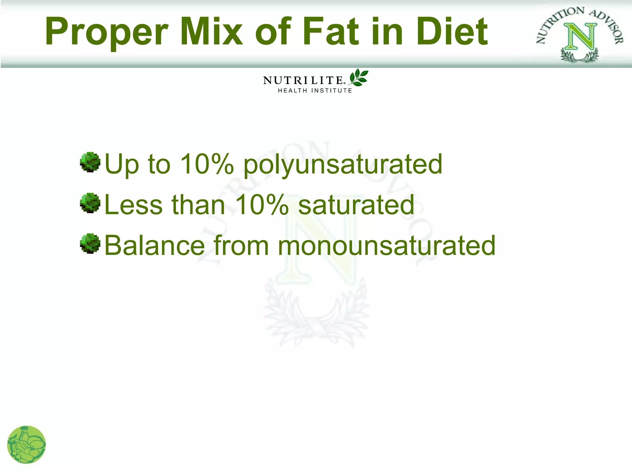 Proper Mix of Fat in Diet


   Up to 10% polyunsaturated
   Less than 10% saturated
   Balance from monounsaturated
 