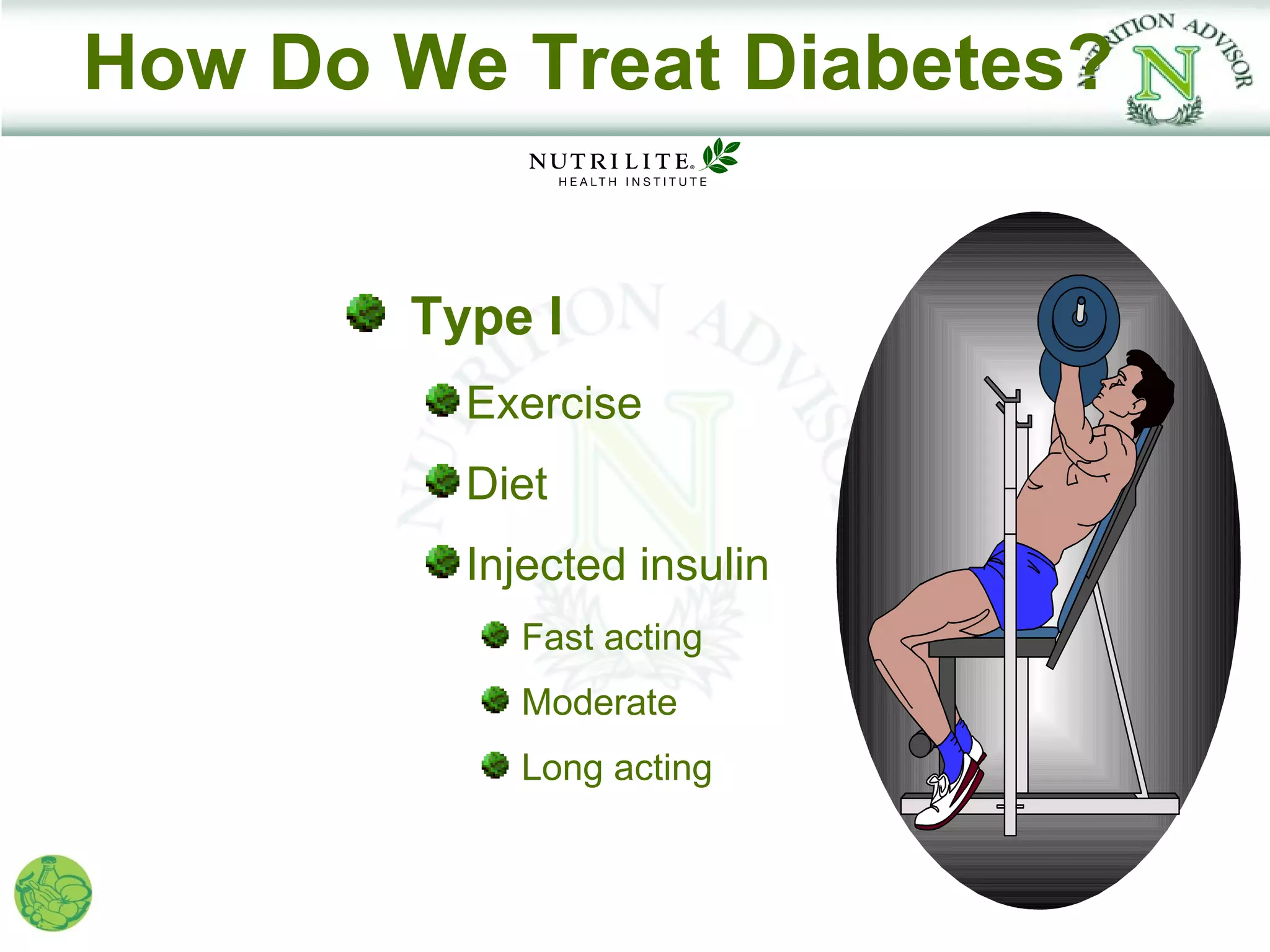 How Do We Treat Diabetes?


       Type I
         Exercise
         Diet
         Injected insulin
           Fast acting
           Moderate
           Long acting
 