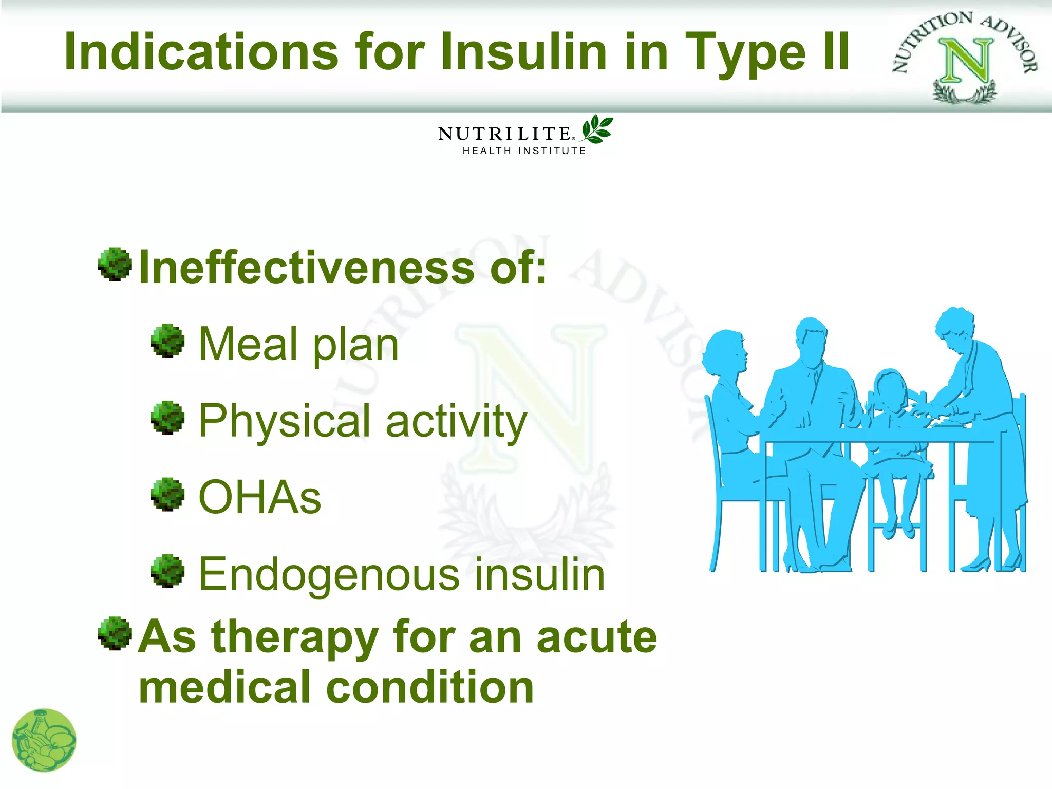 Indications for Insulin in Type II



   Ineffectiveness of:
     Meal plan
     Physical activity
     OHAs
     Endogenous insulin
   As therapy for an acute
   medical condition
 