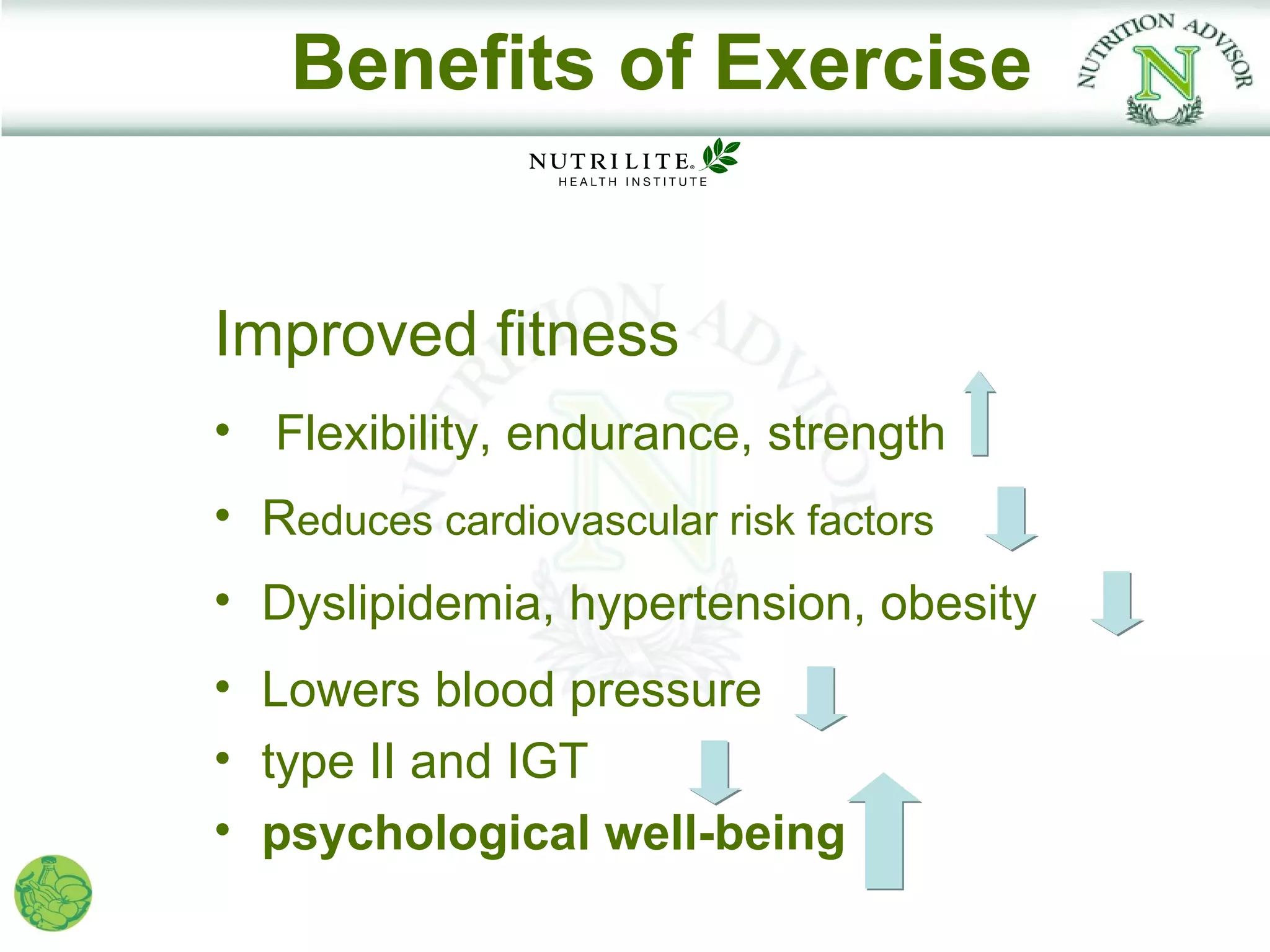 Benefits of Exercise


Improved fitness
• Flexibility, endurance, strength
• Reduces cardiovascular risk factors
• Dyslipidemia, hypertension, obesity
• Lowers blood pressure
• type II and IGT
• psychological well-being
 